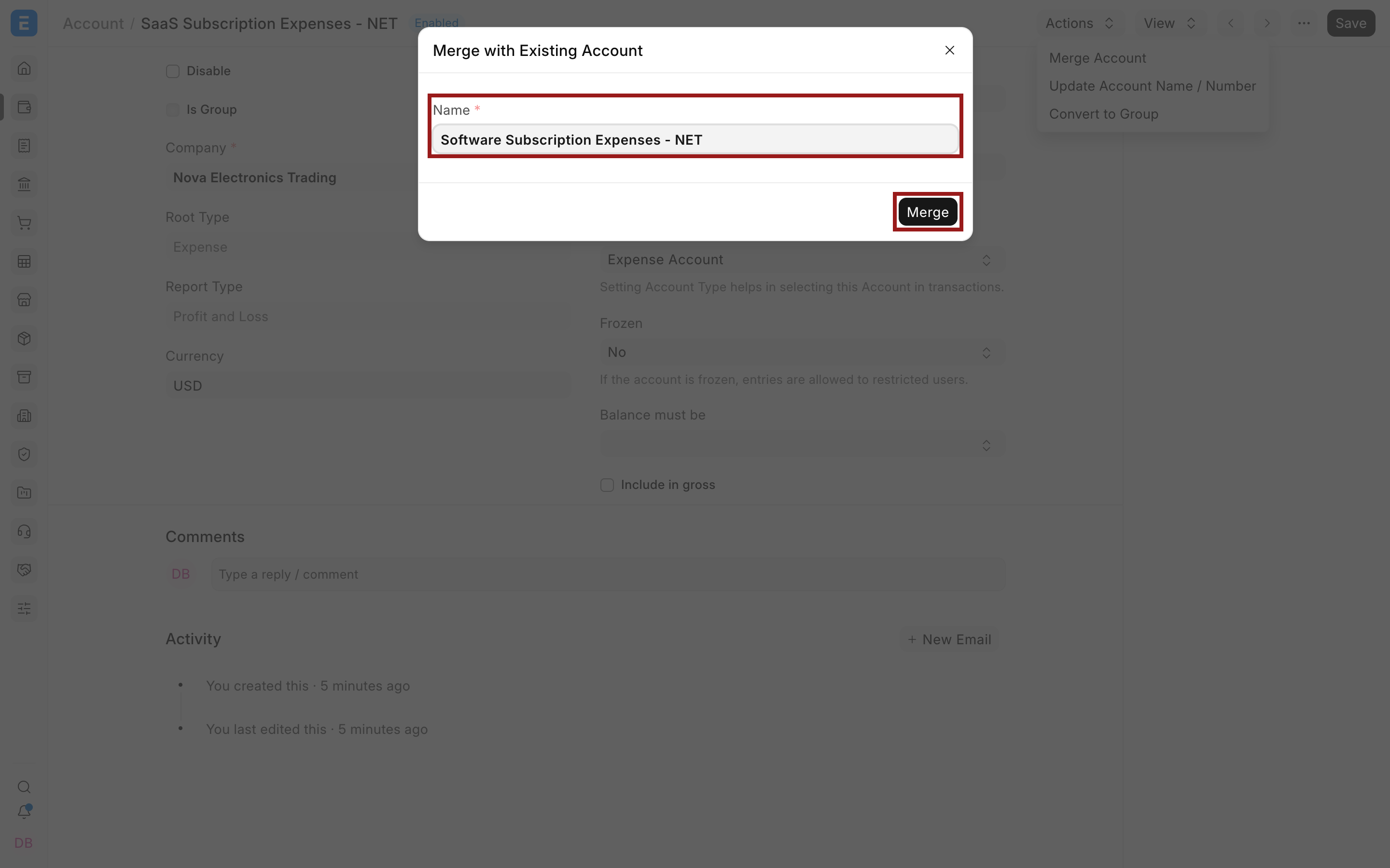 Target Account and Merge button in the Merge with Existing Account dialog