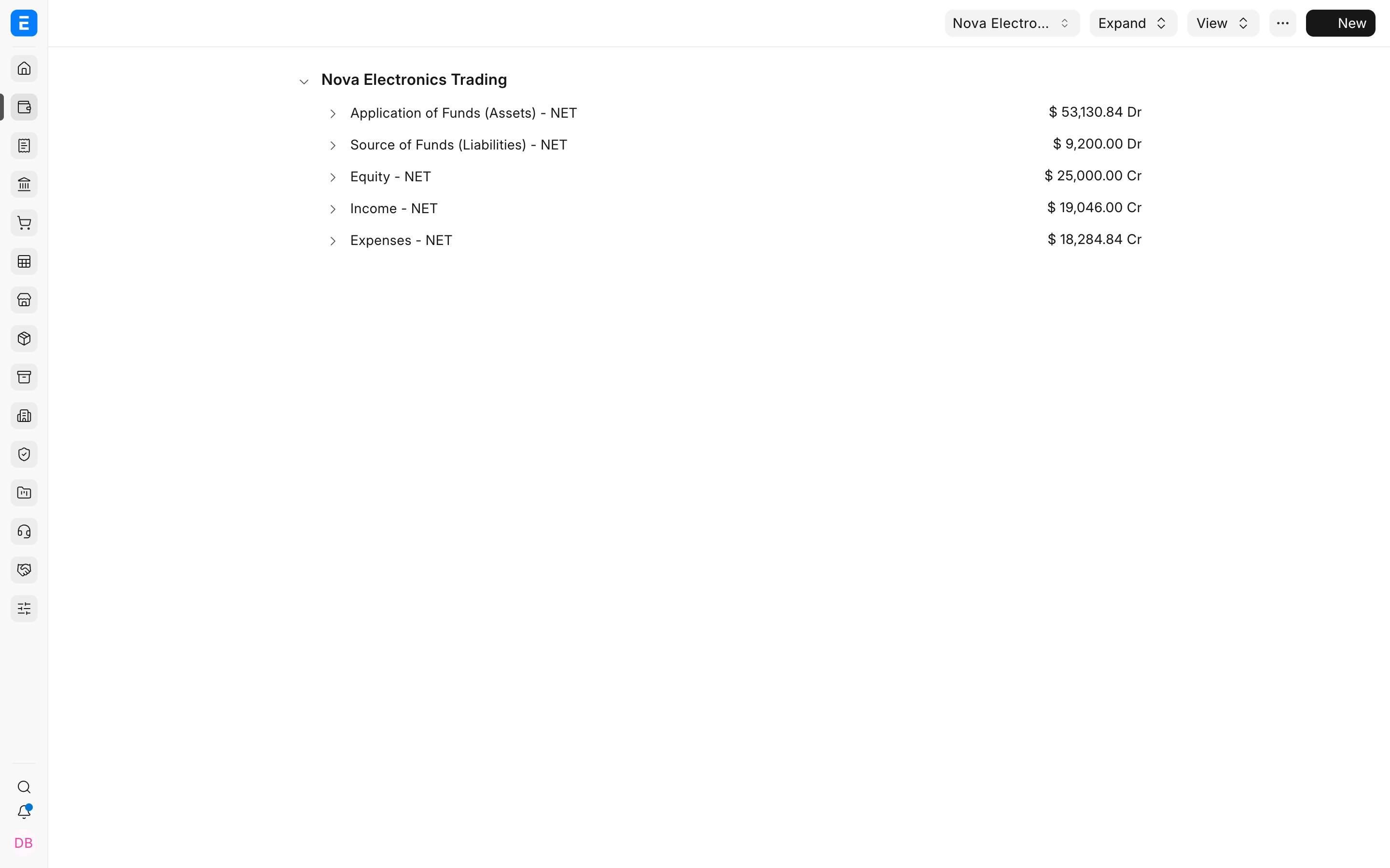 Chart of Accounts tree for Nova Electronics Trading