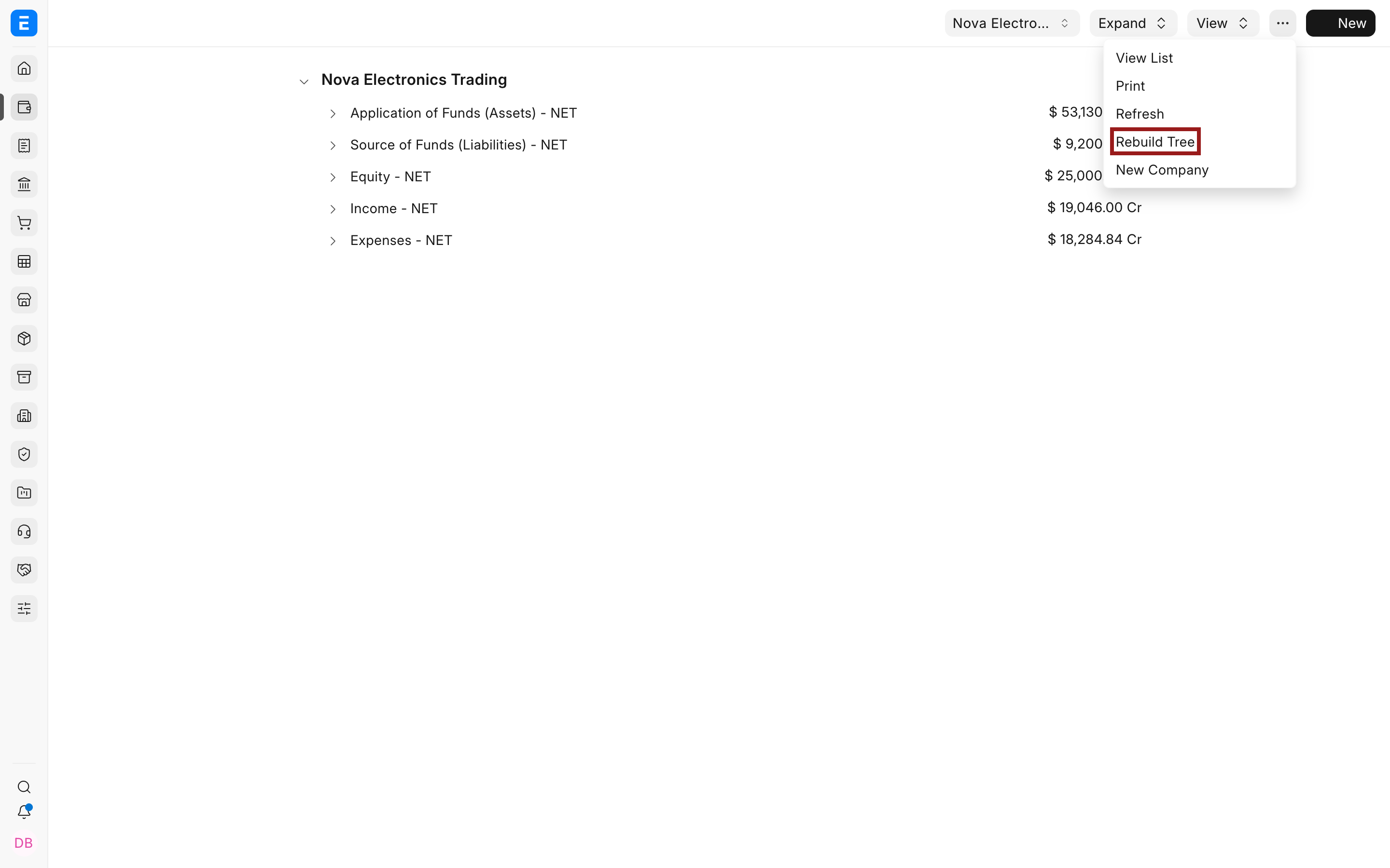 Chart of Accounts menu with Rebuild Tree highlighted