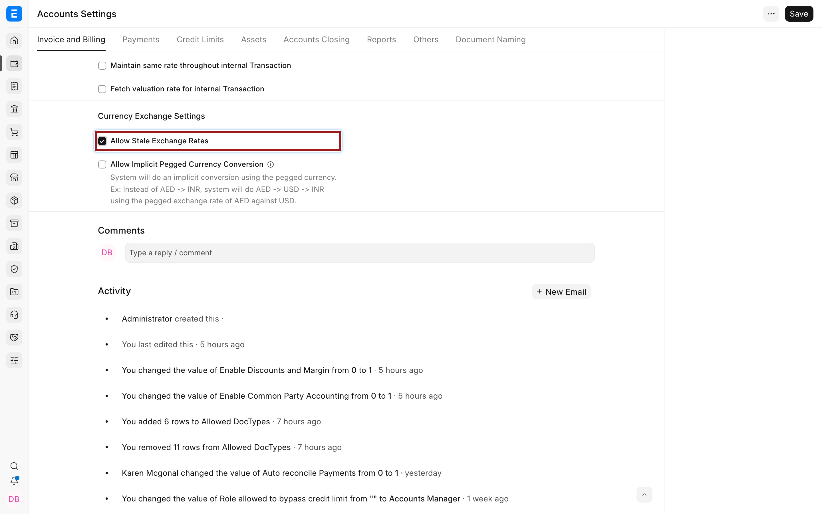 Allow Stale Exchange Rates in Accounts Settings
