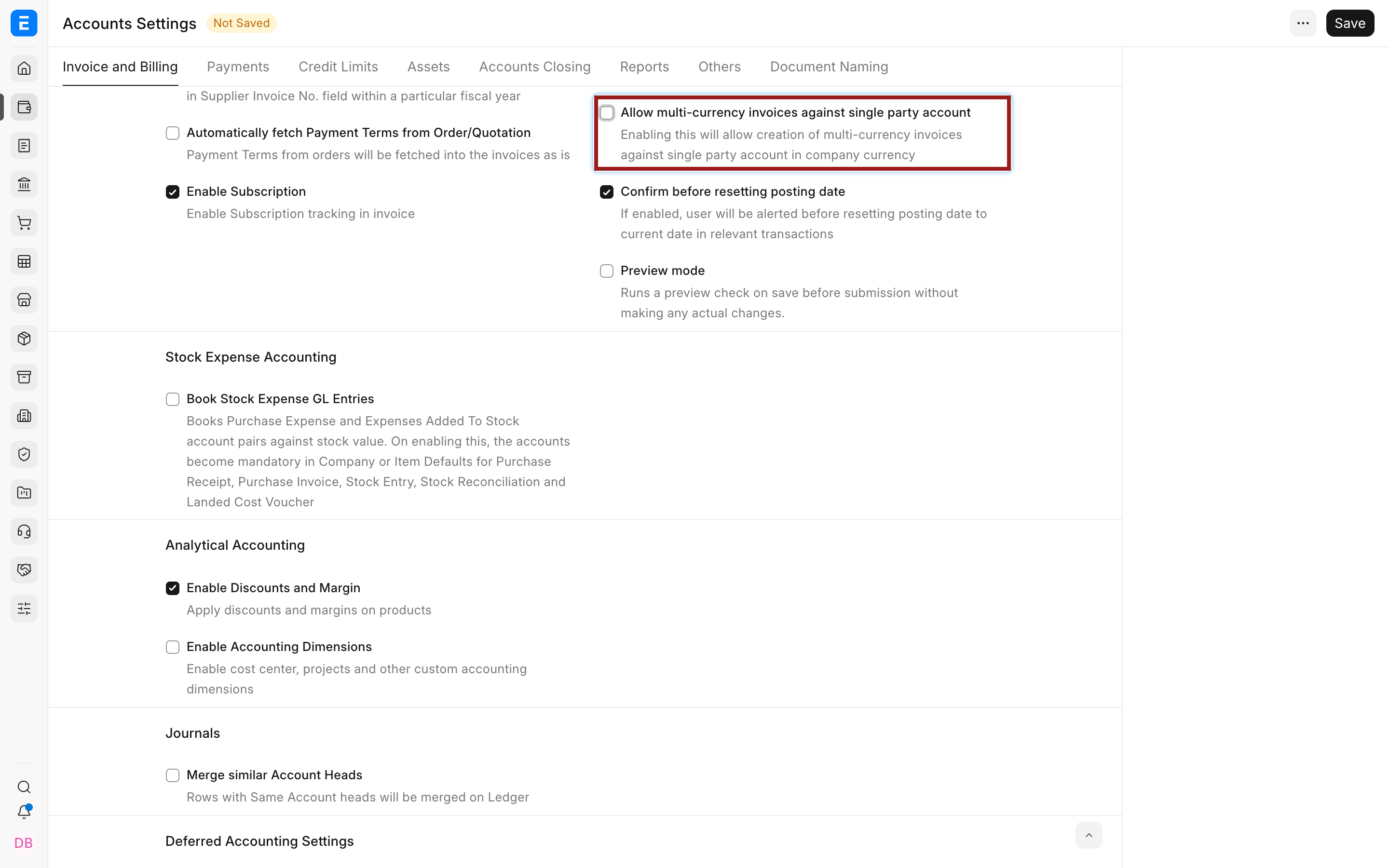Allow invoices in multiple currencies against one party account