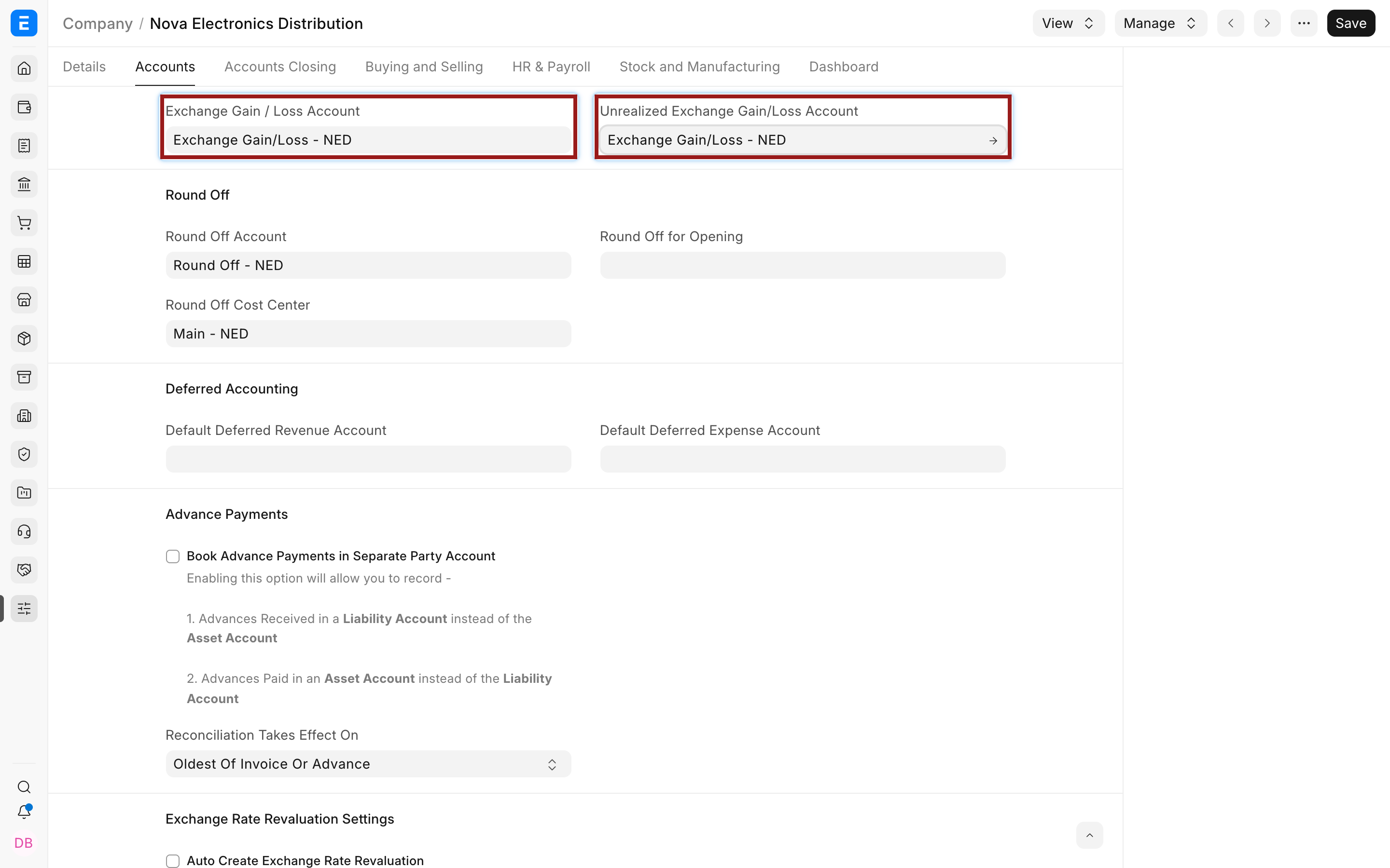 Company exchange gain and loss accounts