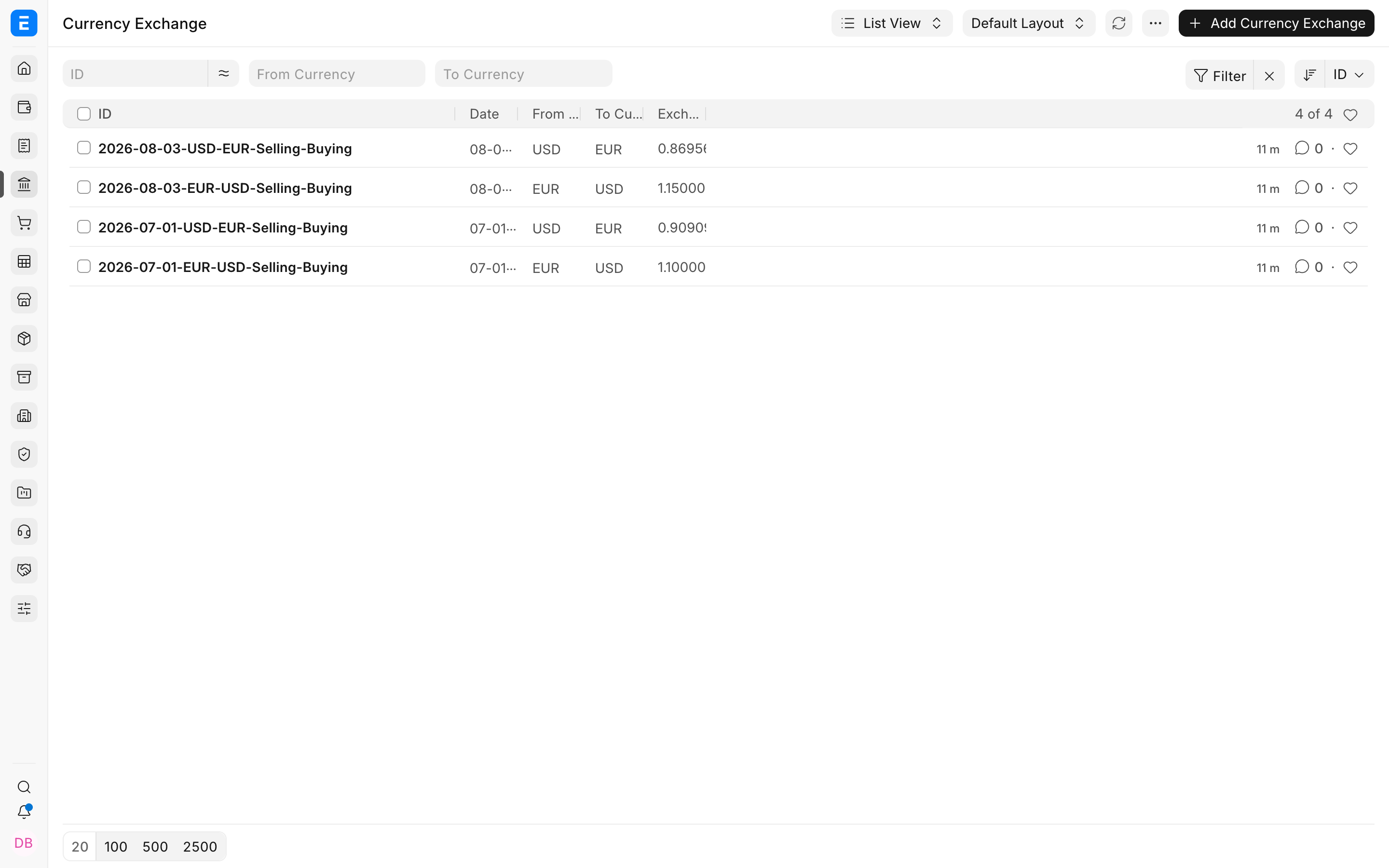 Dated Currency Exchange records