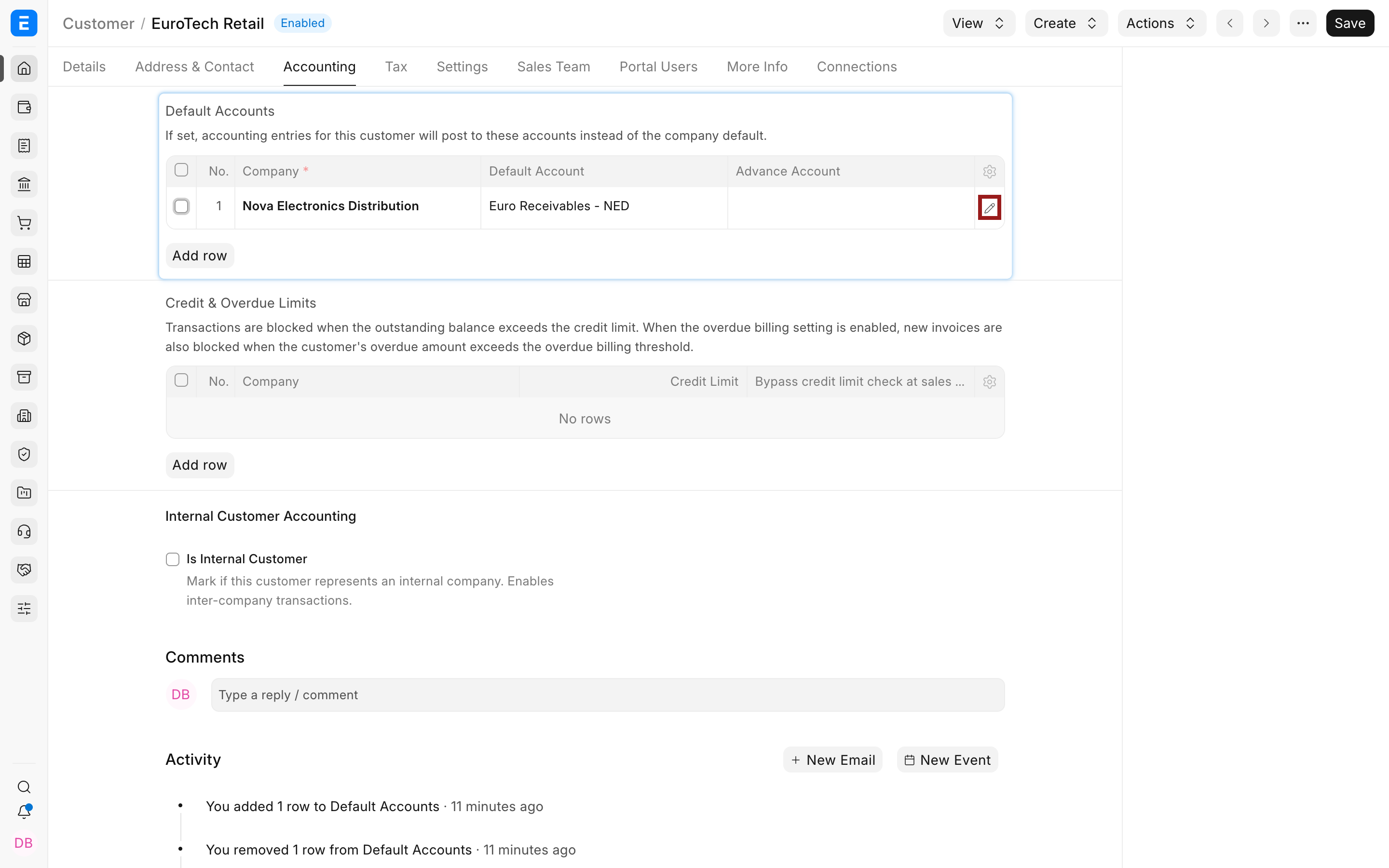 Open the Customer default-account row