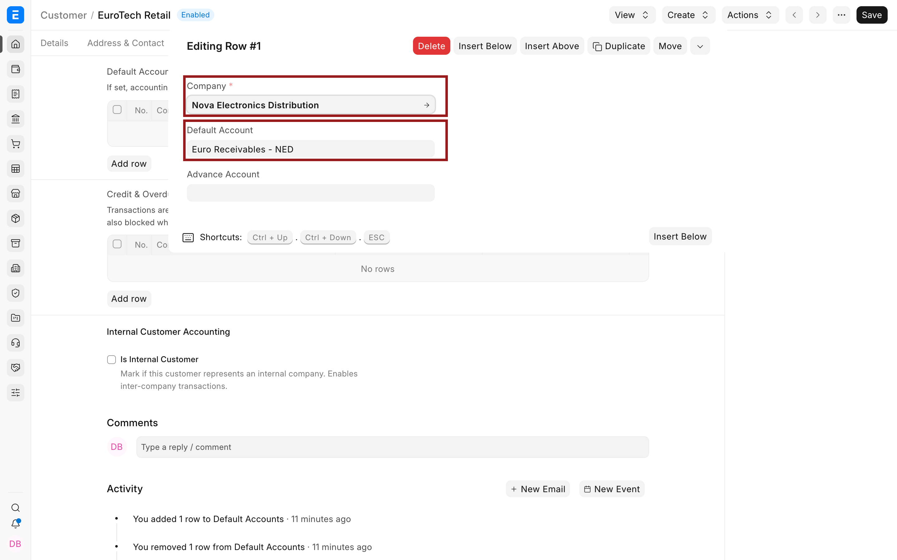Customer linked to a EUR receivable account