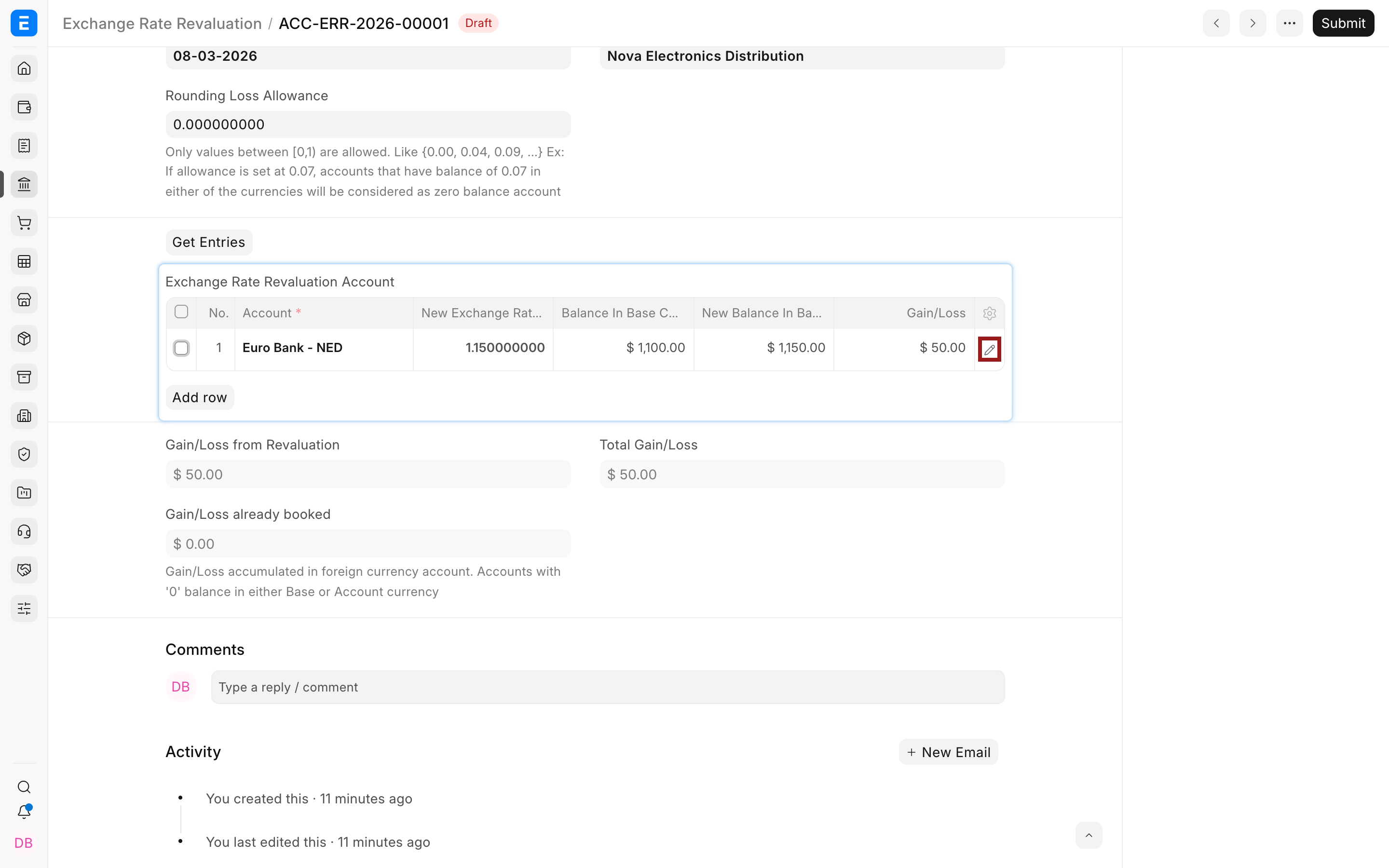 Revaluation account row and calculated gain