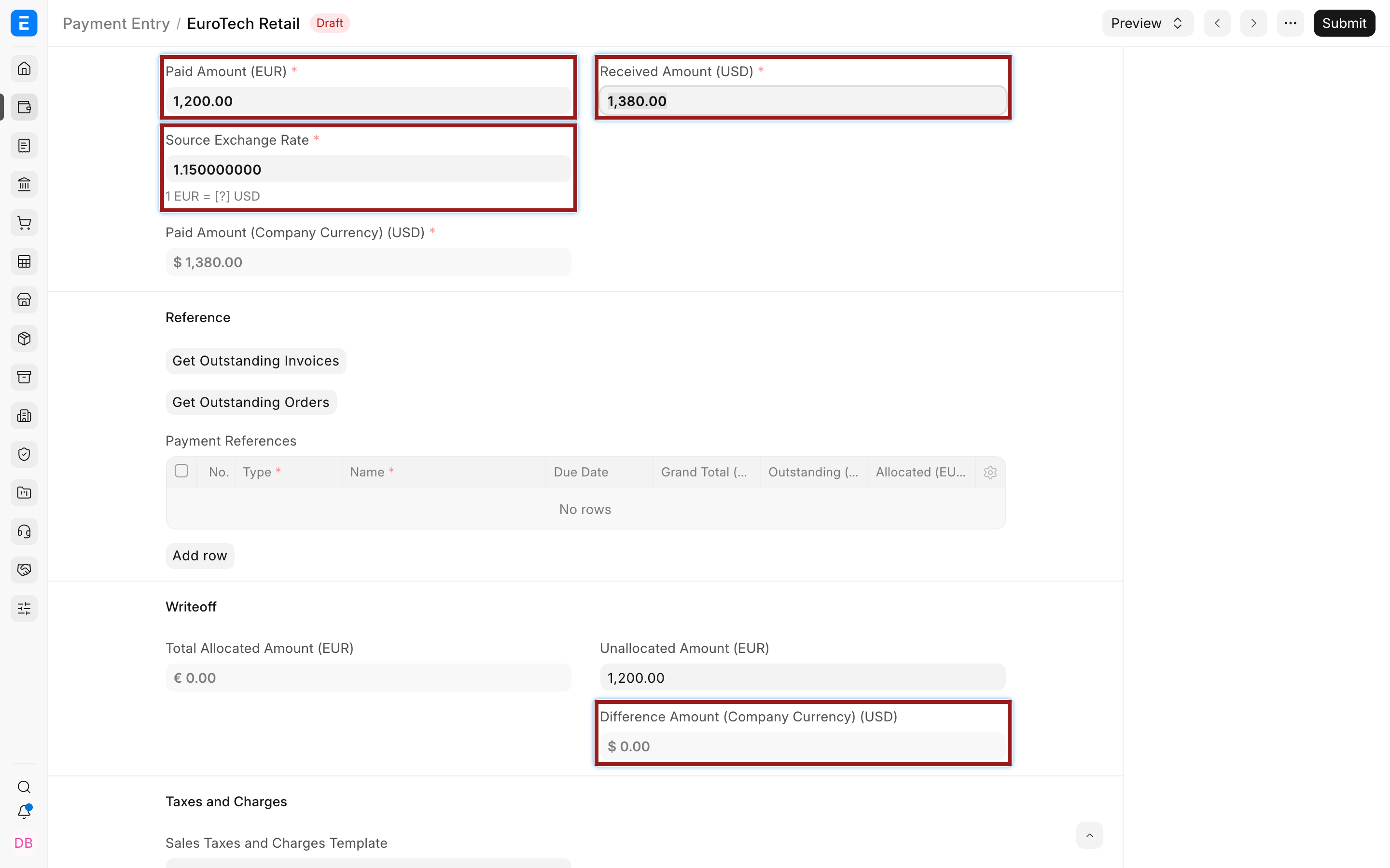 Exchange rate and converted amounts in Payment Entry