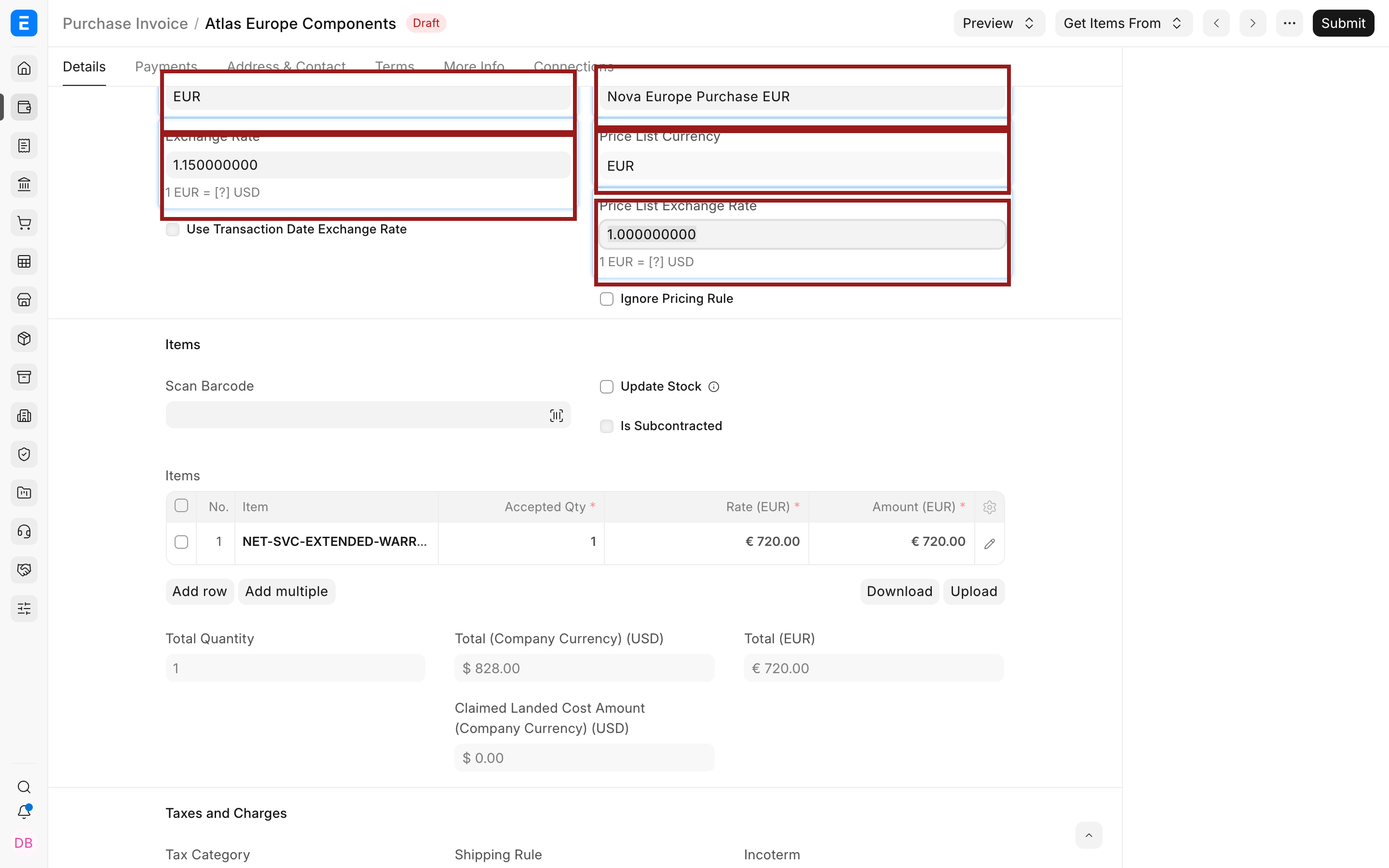 EUR Purchase Invoice conversion fields