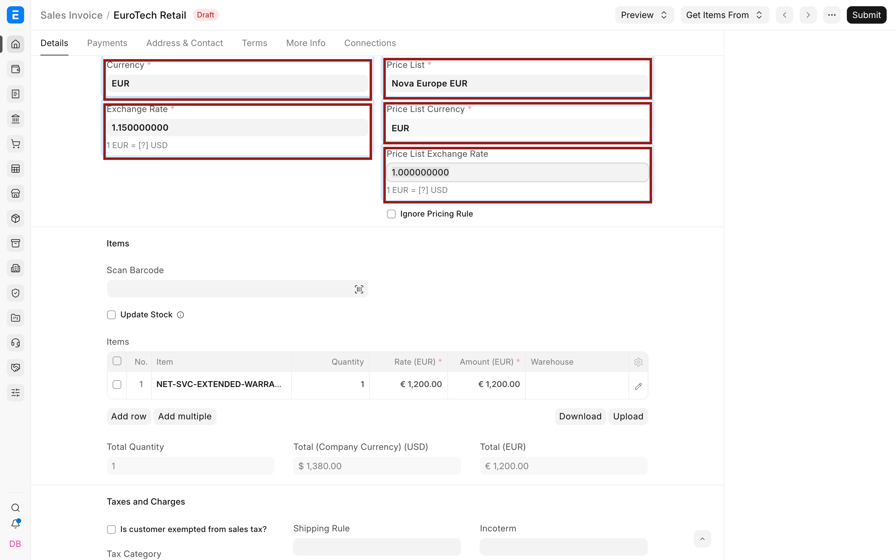 EUR Sales Invoice and conversion rates