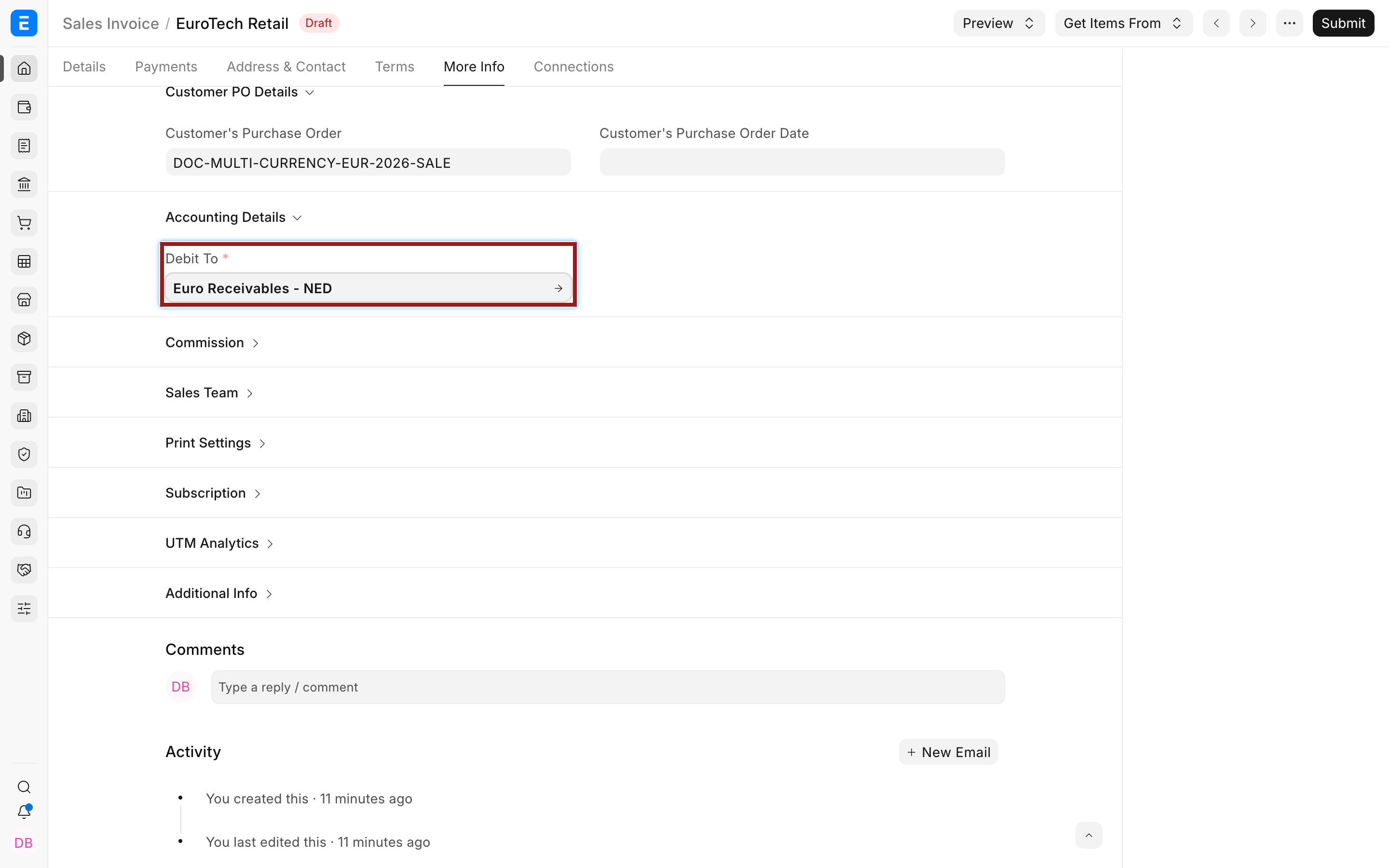 EUR receivable selected on the Sales Invoice