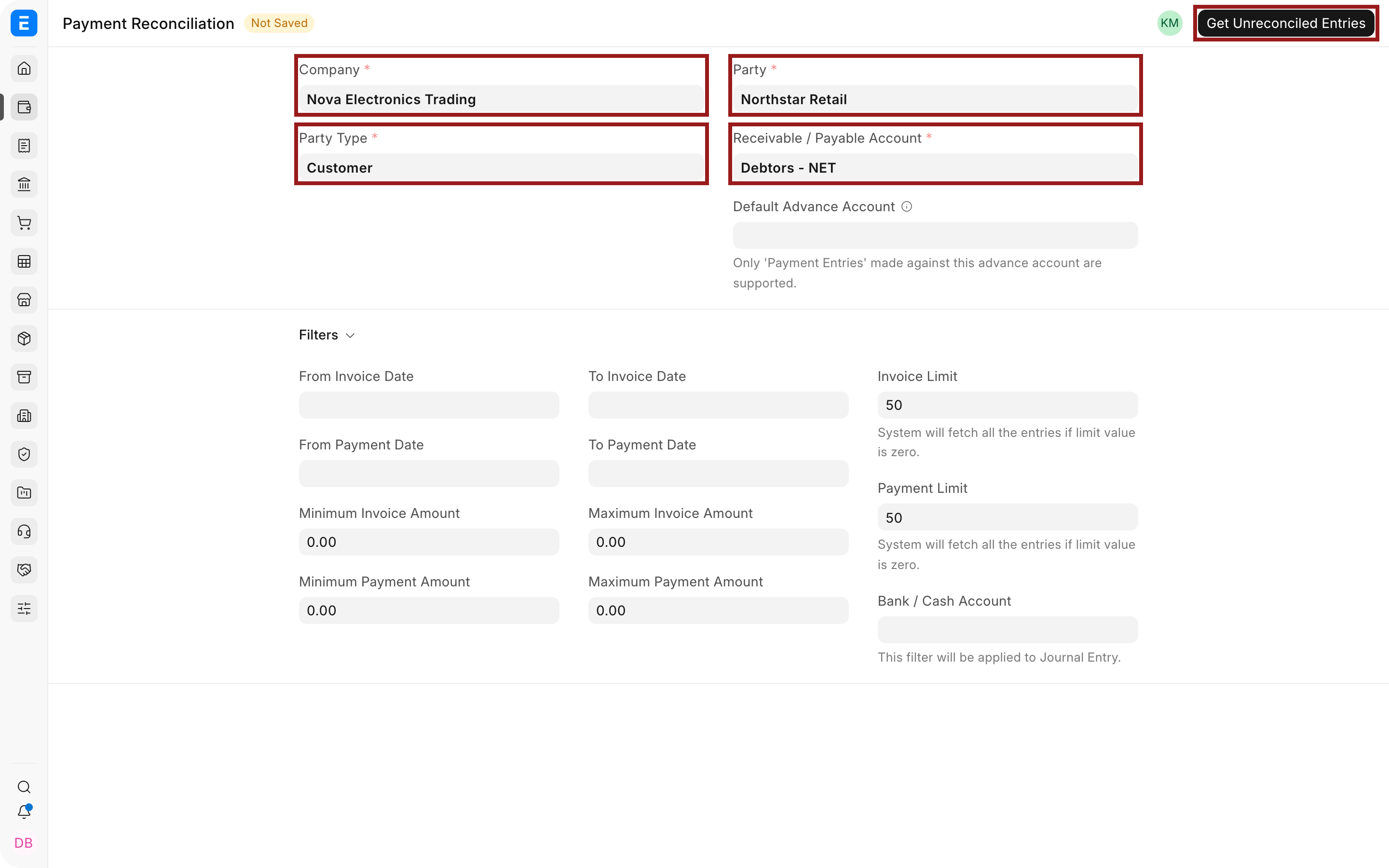 Select the company, customer, and receivable account in Payment Reconciliation