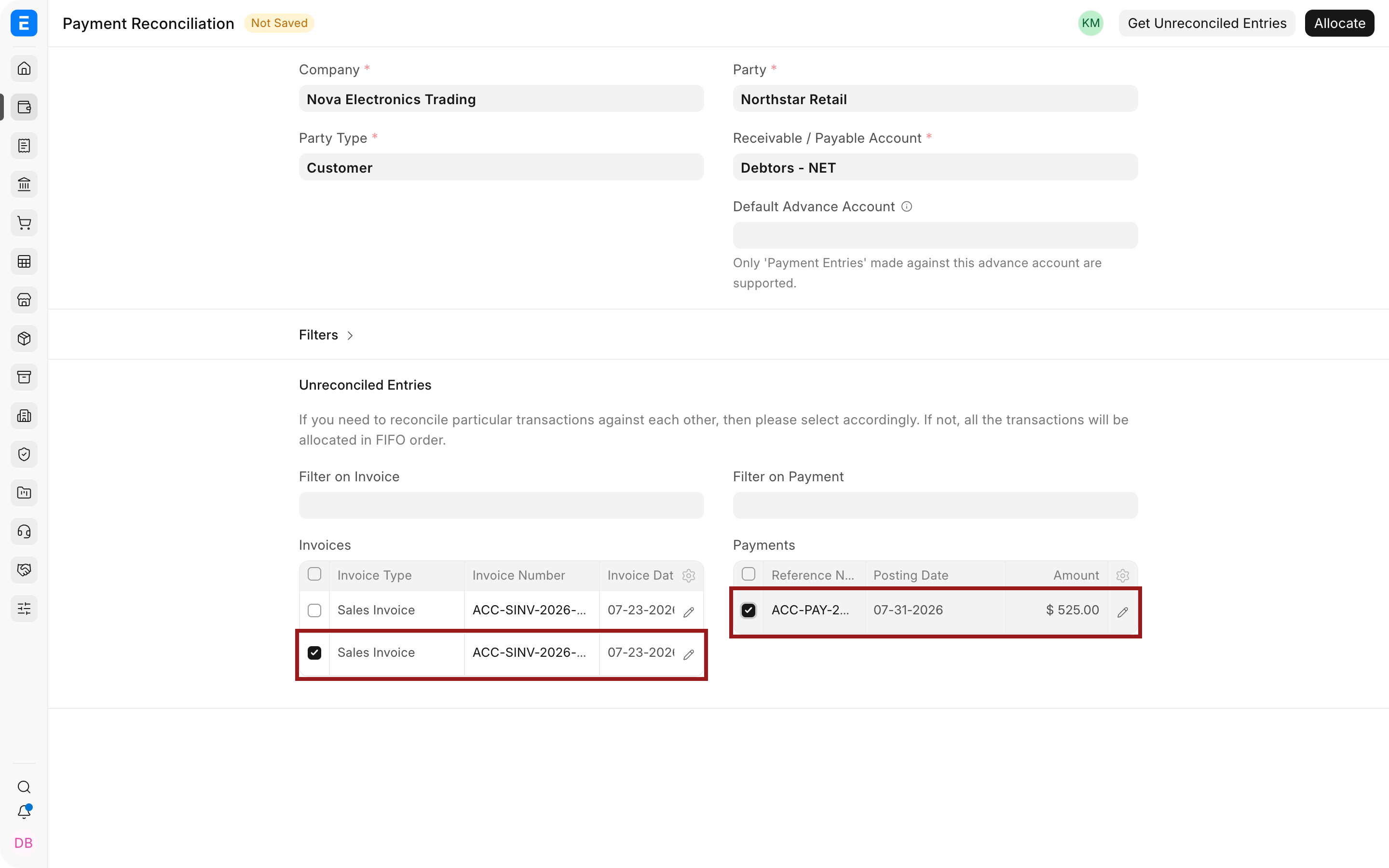 Select the invoice and payment to match