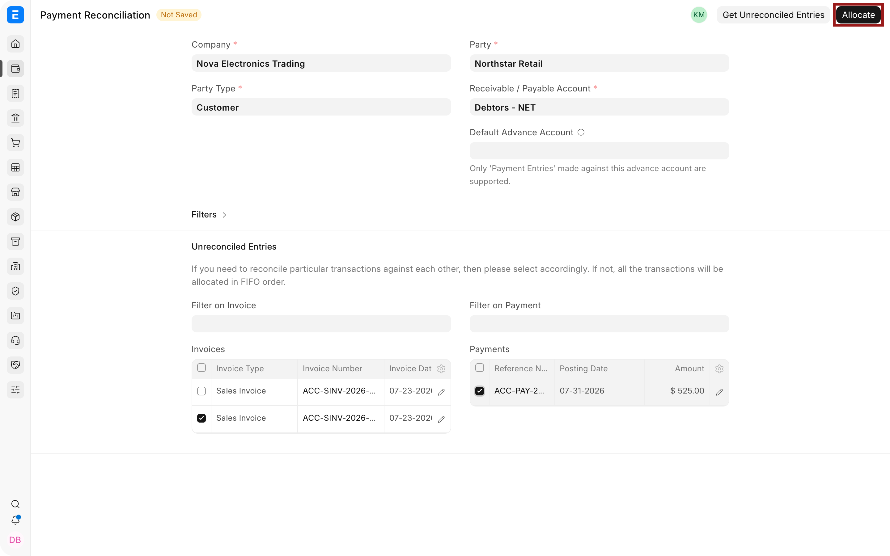 Use Allocate after selecting the invoice and payment