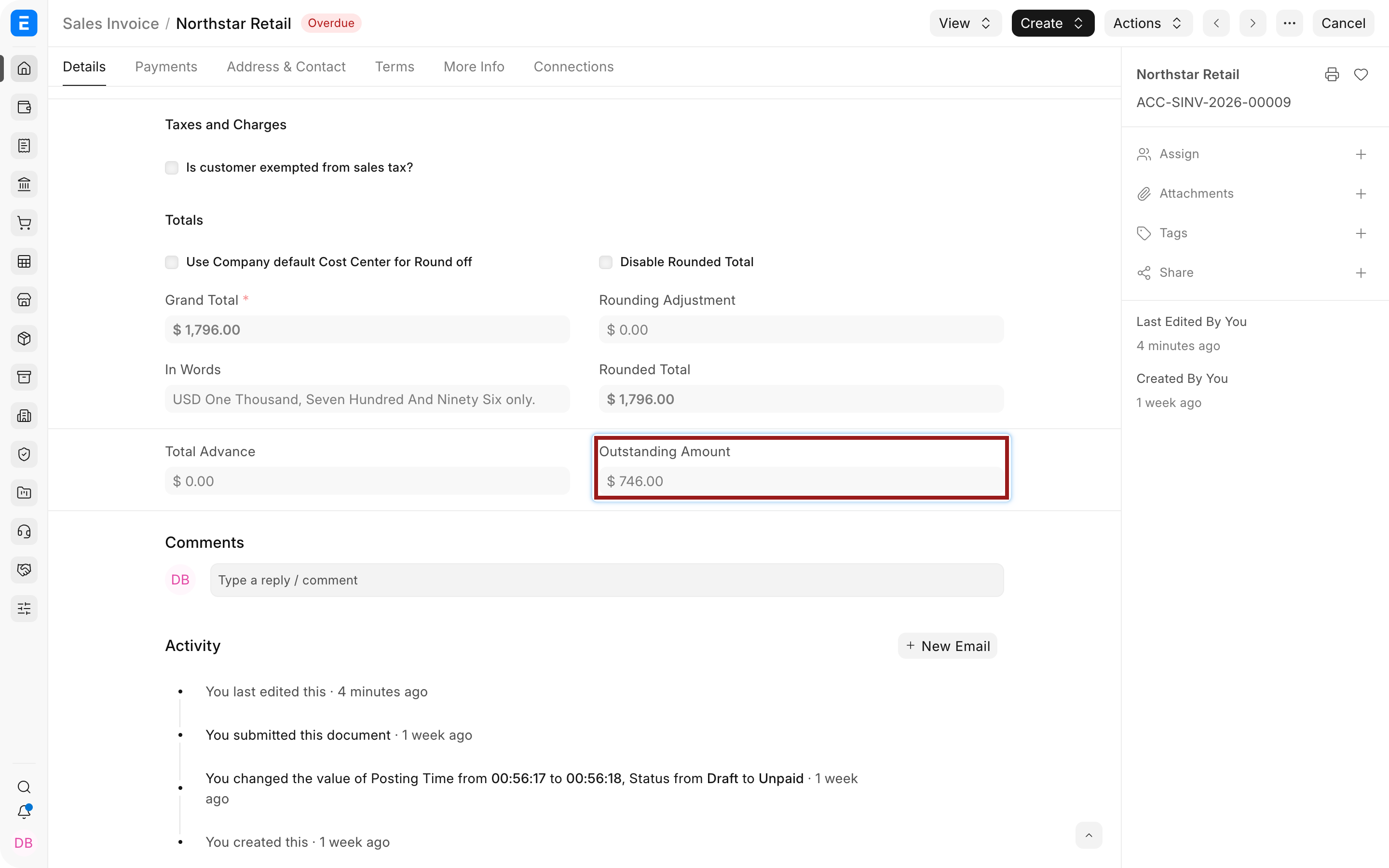 Sales Invoice outstanding amount before payment reconciliation