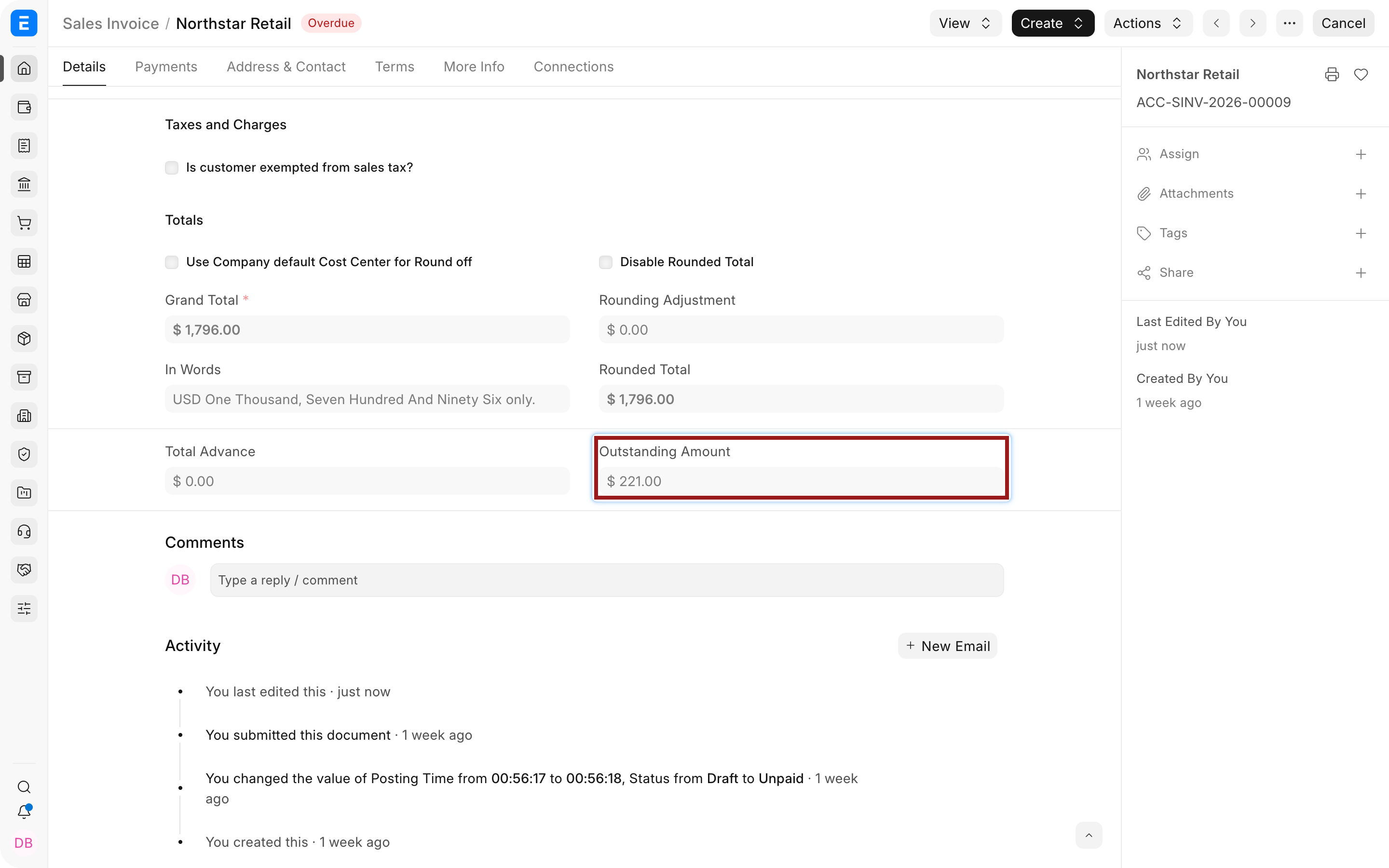 Sales Invoice showing 1271 outstanding after allocating a 525 payment