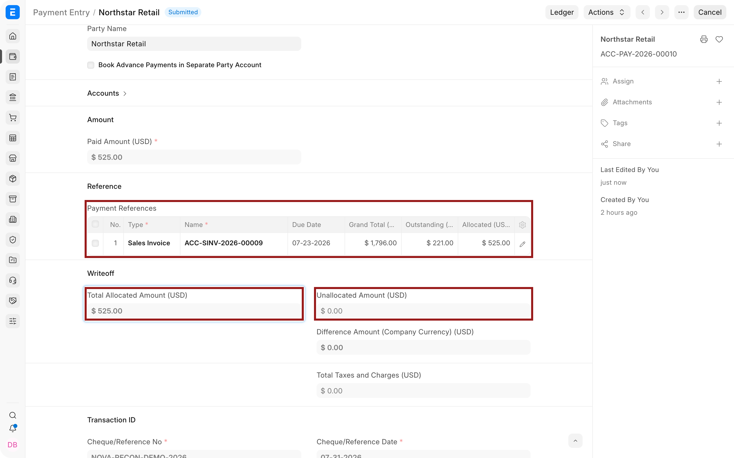 Payment Entry reference and allocated amount after reconciliation