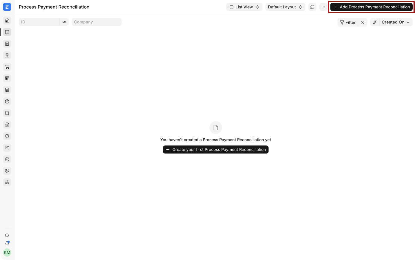 Process Payment Reconciliation list with the add action highlighted