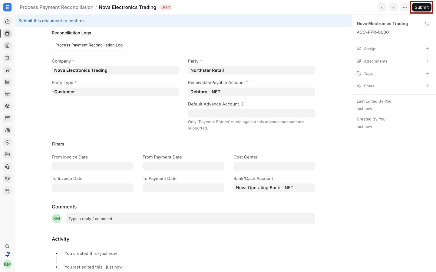 Saved Process Payment Reconciliation with Submit highlighted