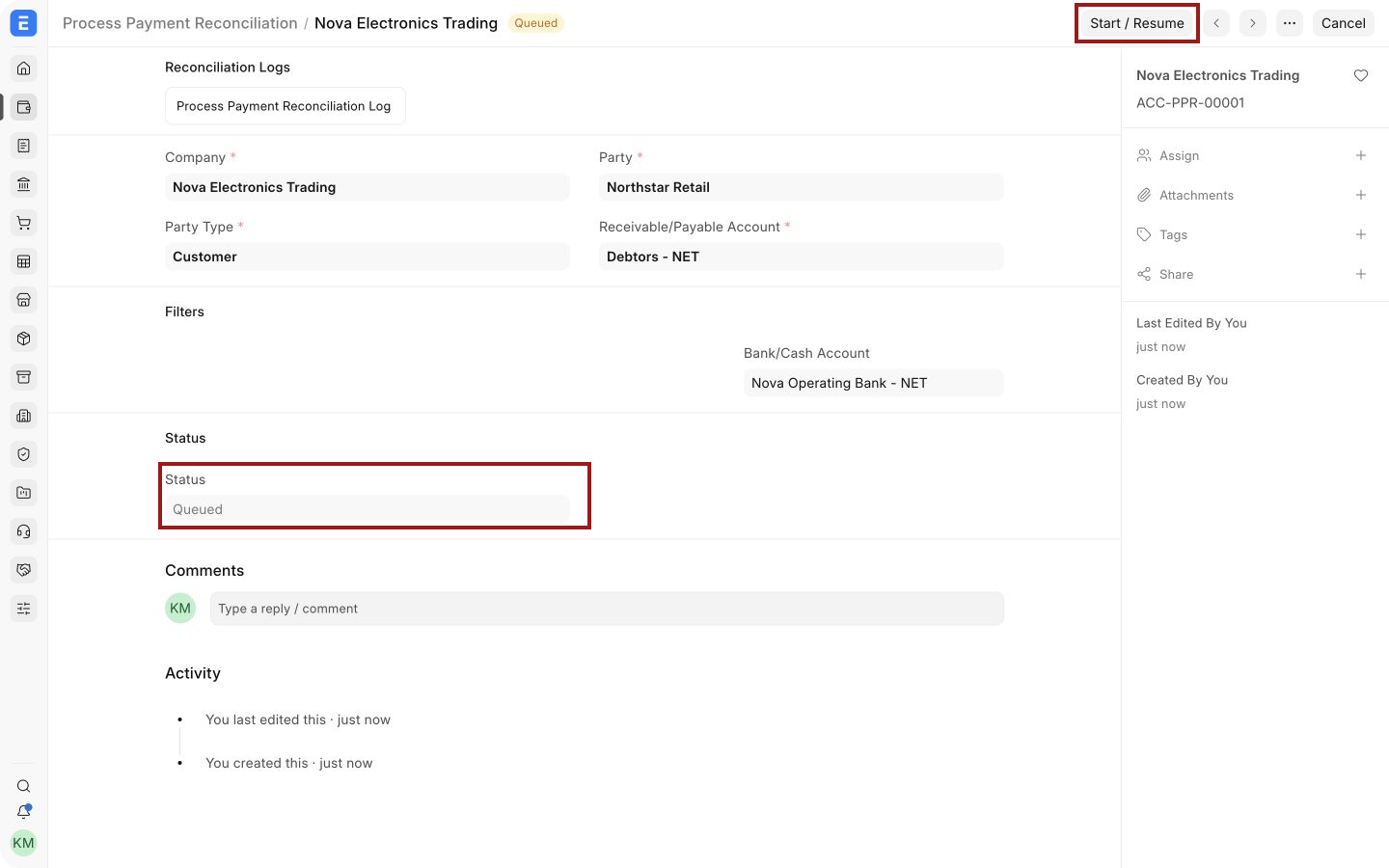 Queued reconciliation process with Start or Resume and the status highlighted