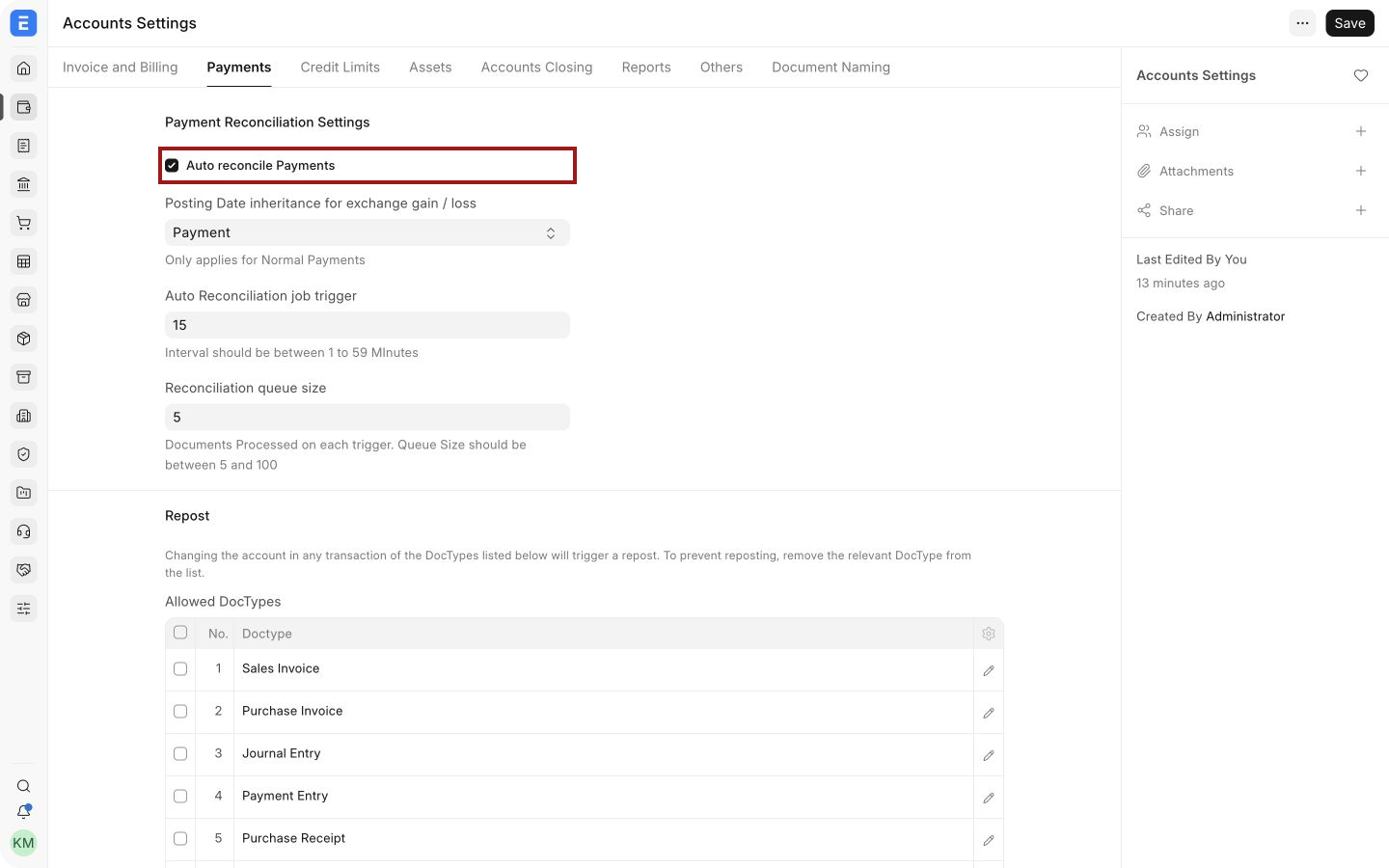 Auto reconcile Payments enabled in the Payments tab of Accounts Settings