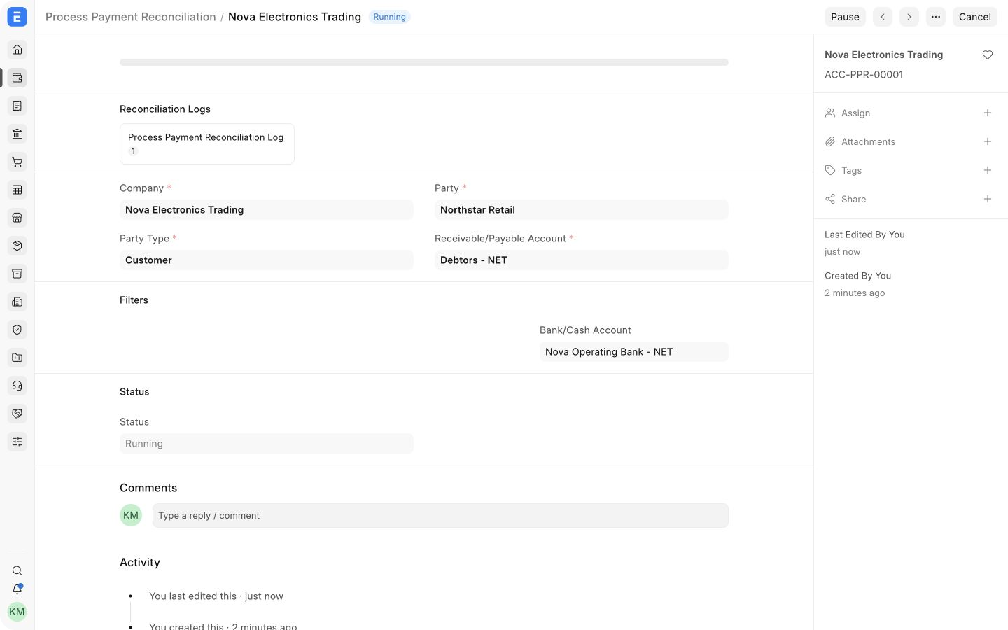 Running reconciliation process with progress and reconciliation log