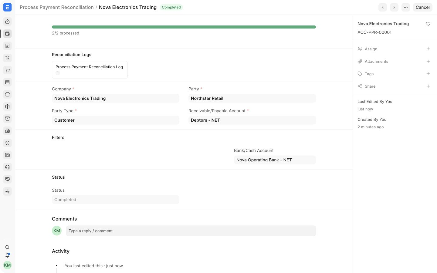Completed reconciliation process showing two of two entries processed