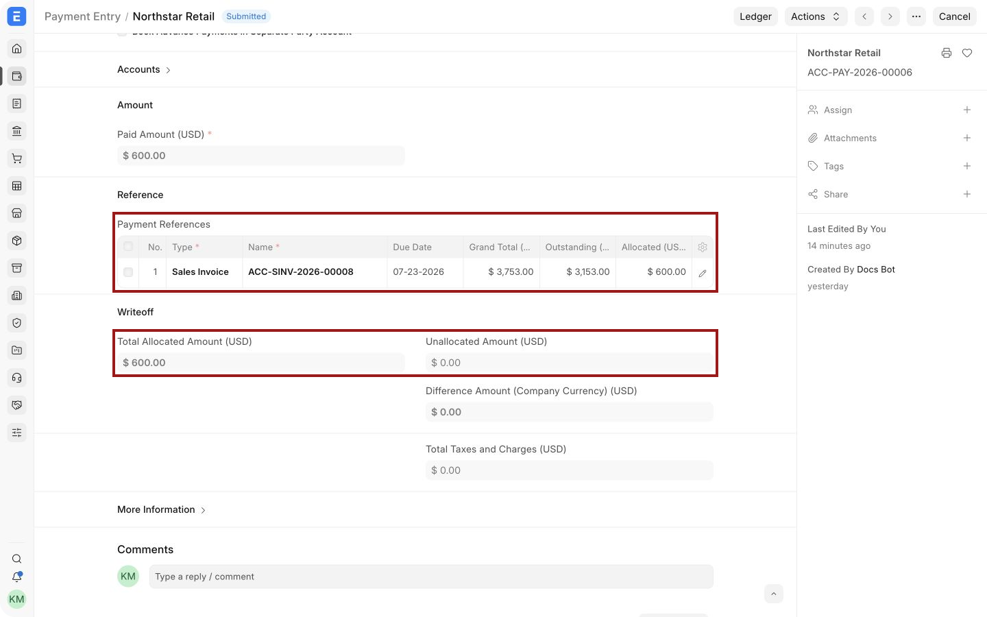 Payment Entry showing the invoice reference, allocated amount, and zero unallocated amount