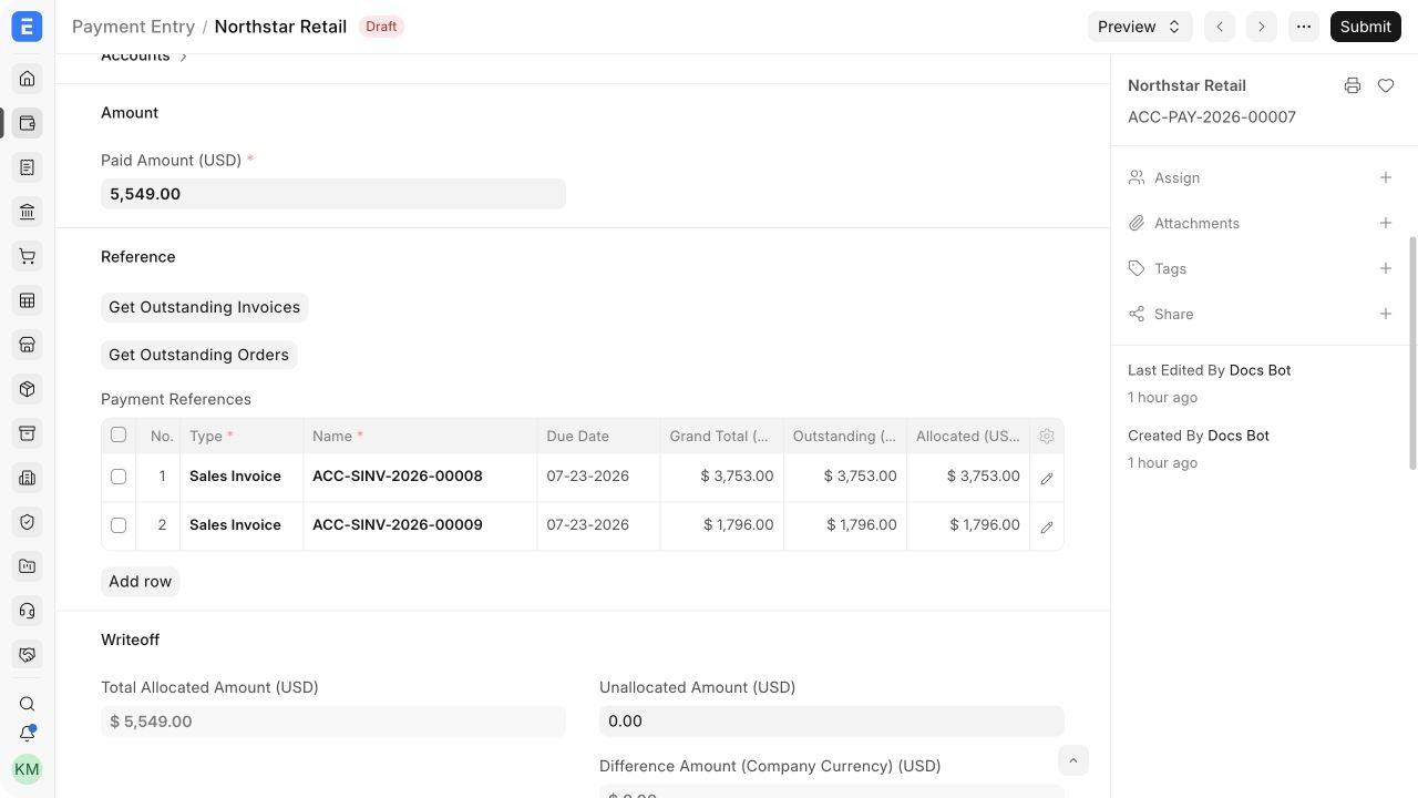 One ERPNext Payment Entry allocated across two Sales Invoices