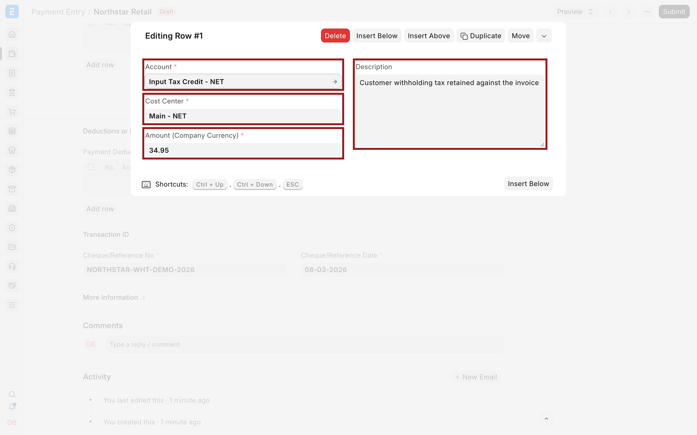 Withholding account, amount, Cost Center, and description