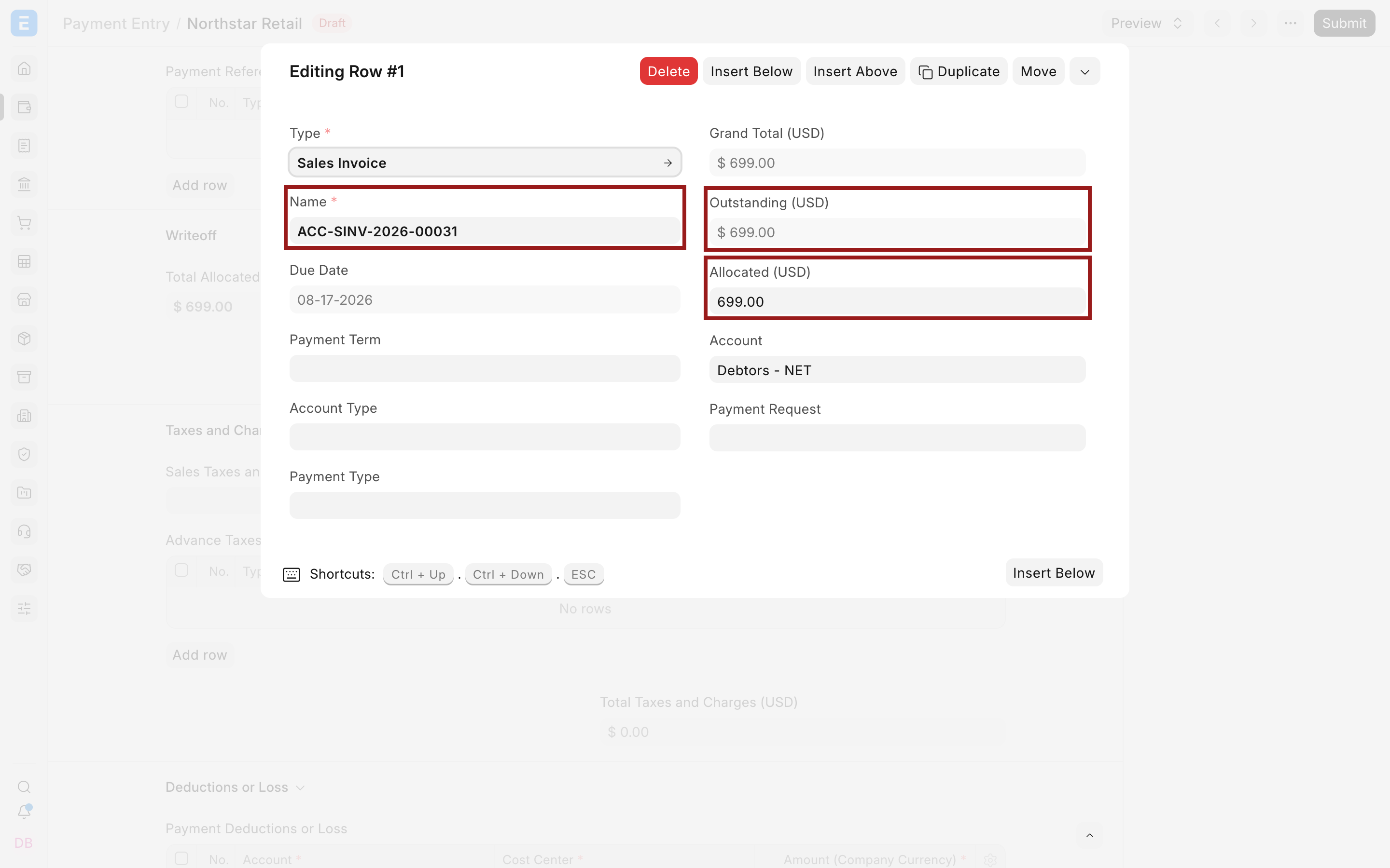 Allocate the full $699 outstanding against the Sales Invoice