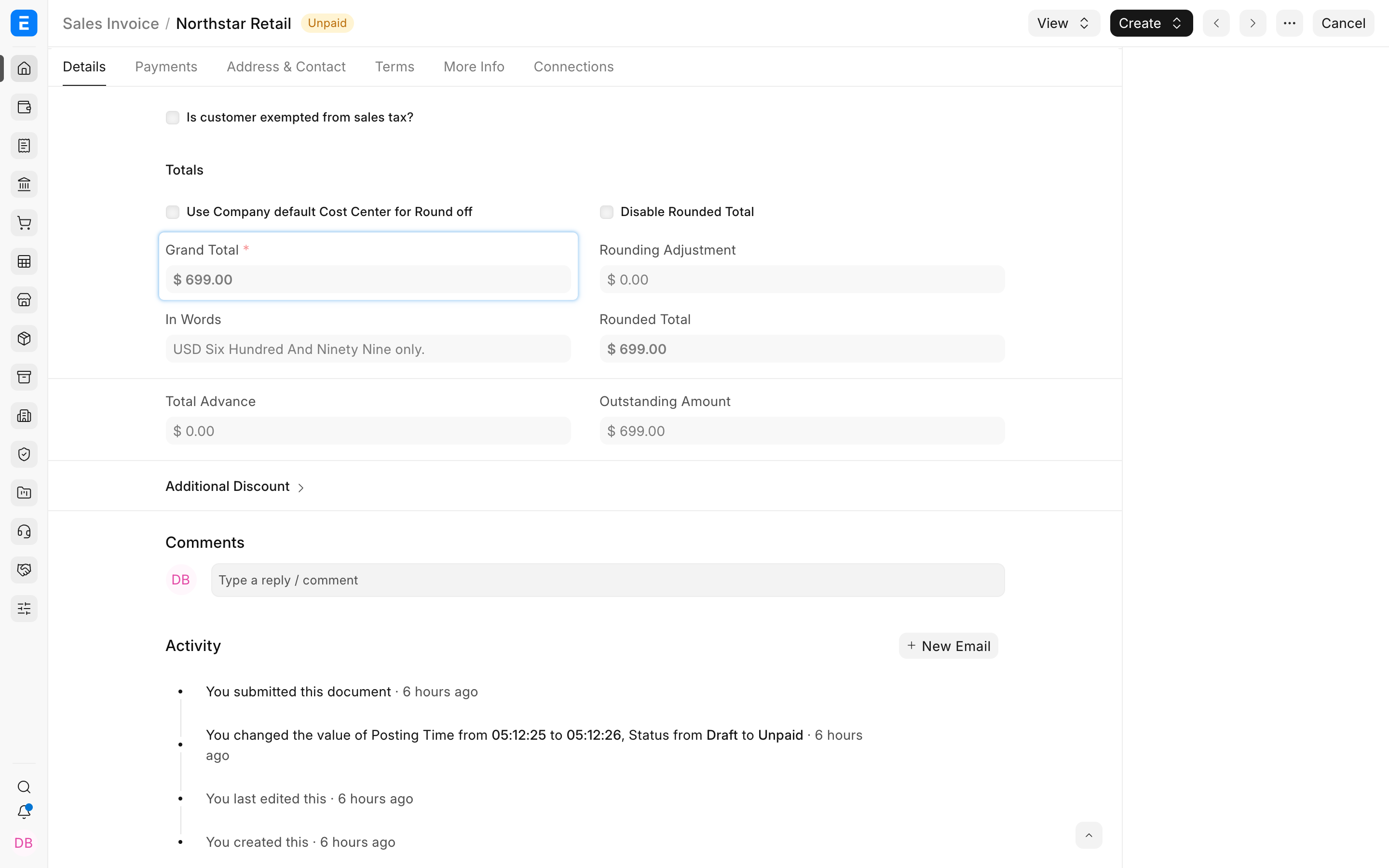 Sales Invoice total and outstanding amount before the payment