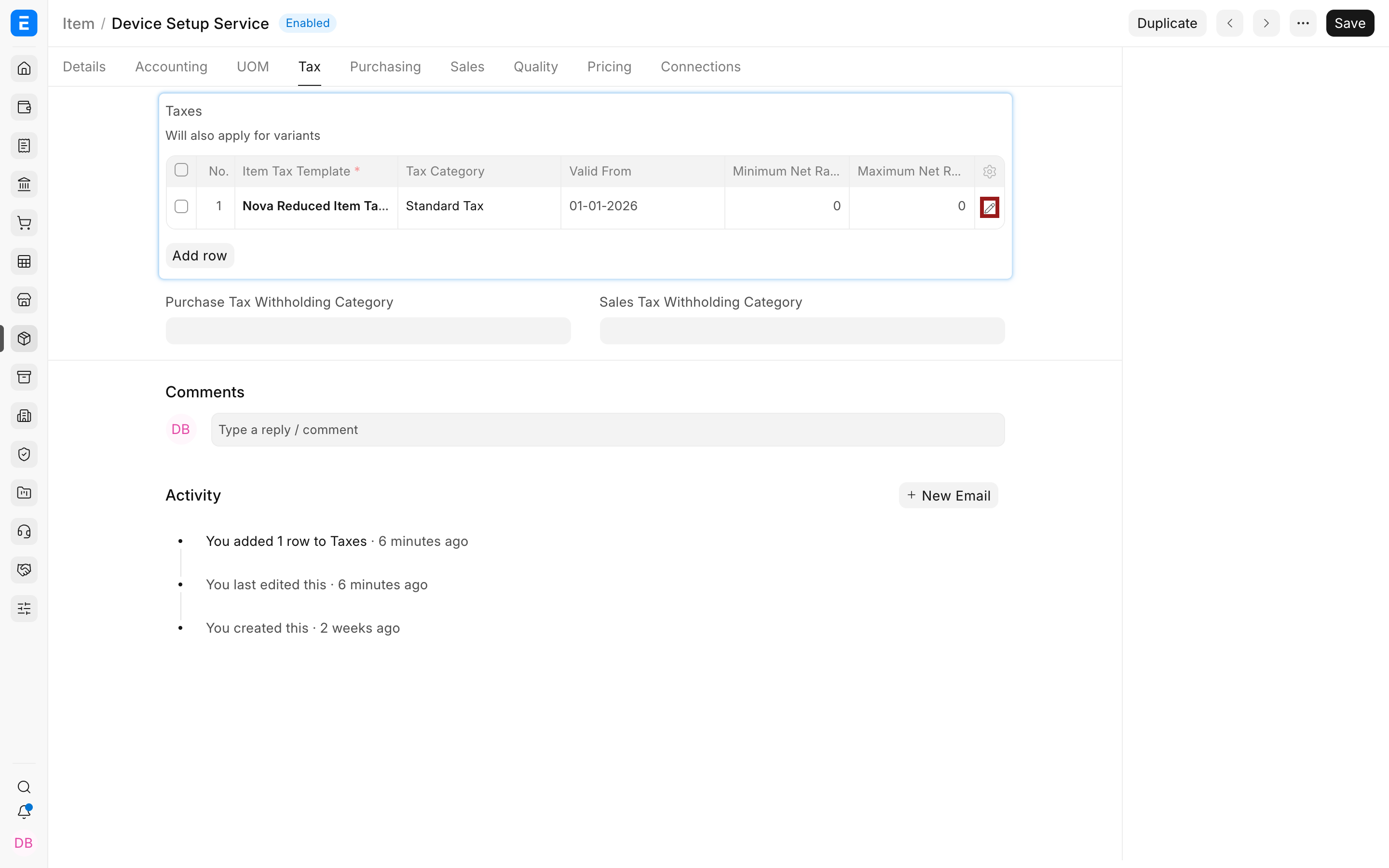 Open the Item Tax assignment row