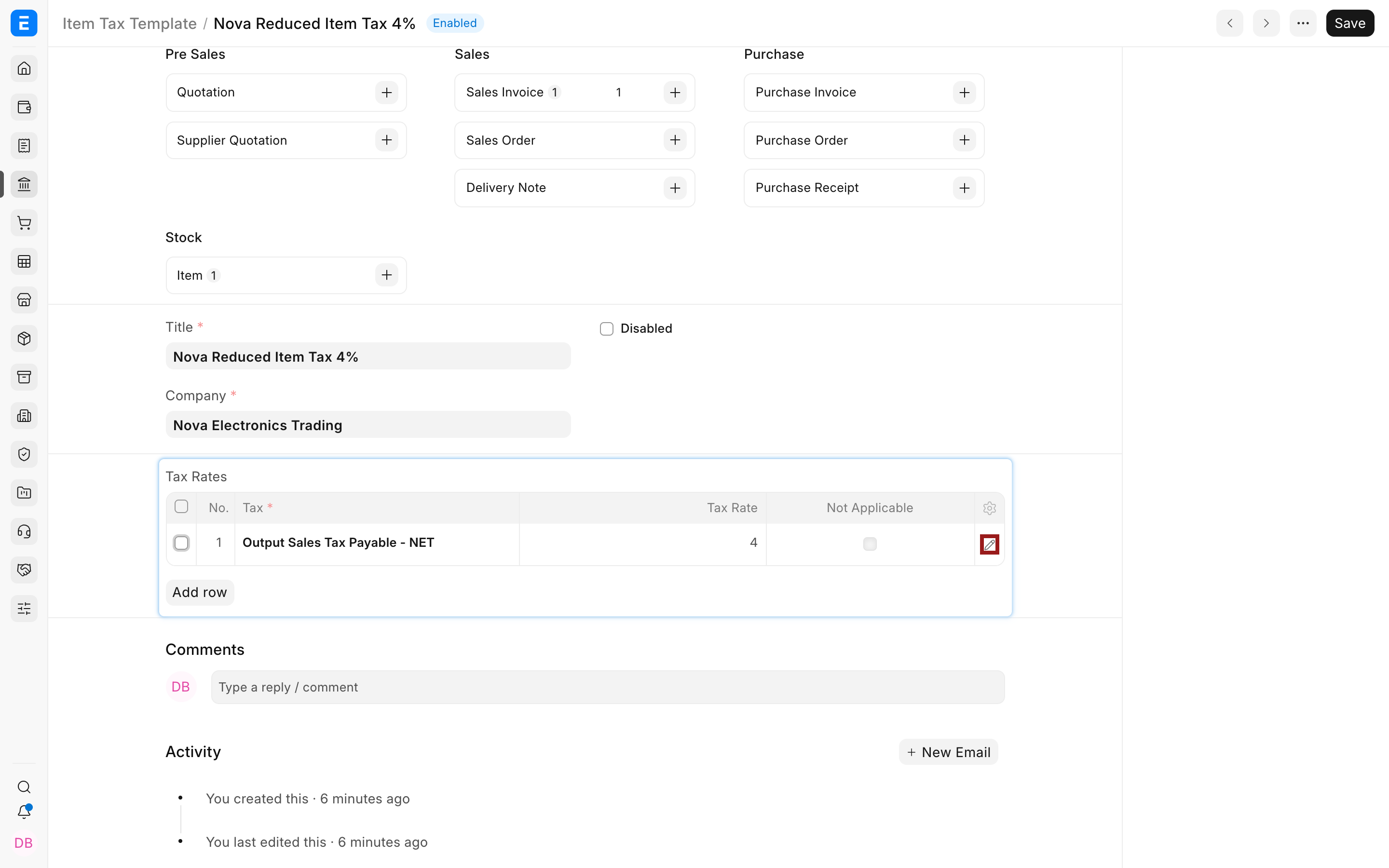 Open an Item Tax Template rate row