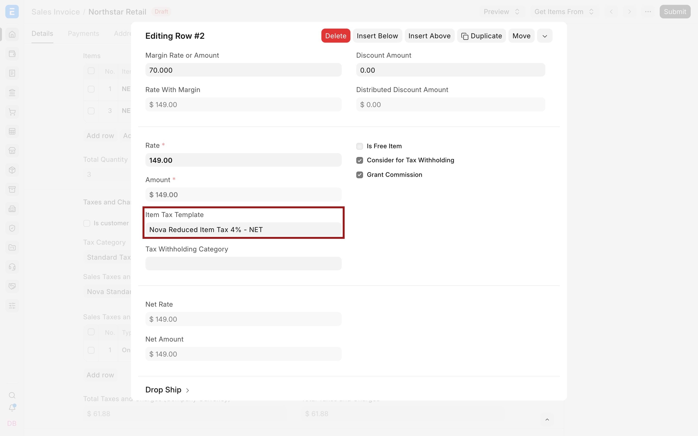 Item Tax Template selected on a transaction row