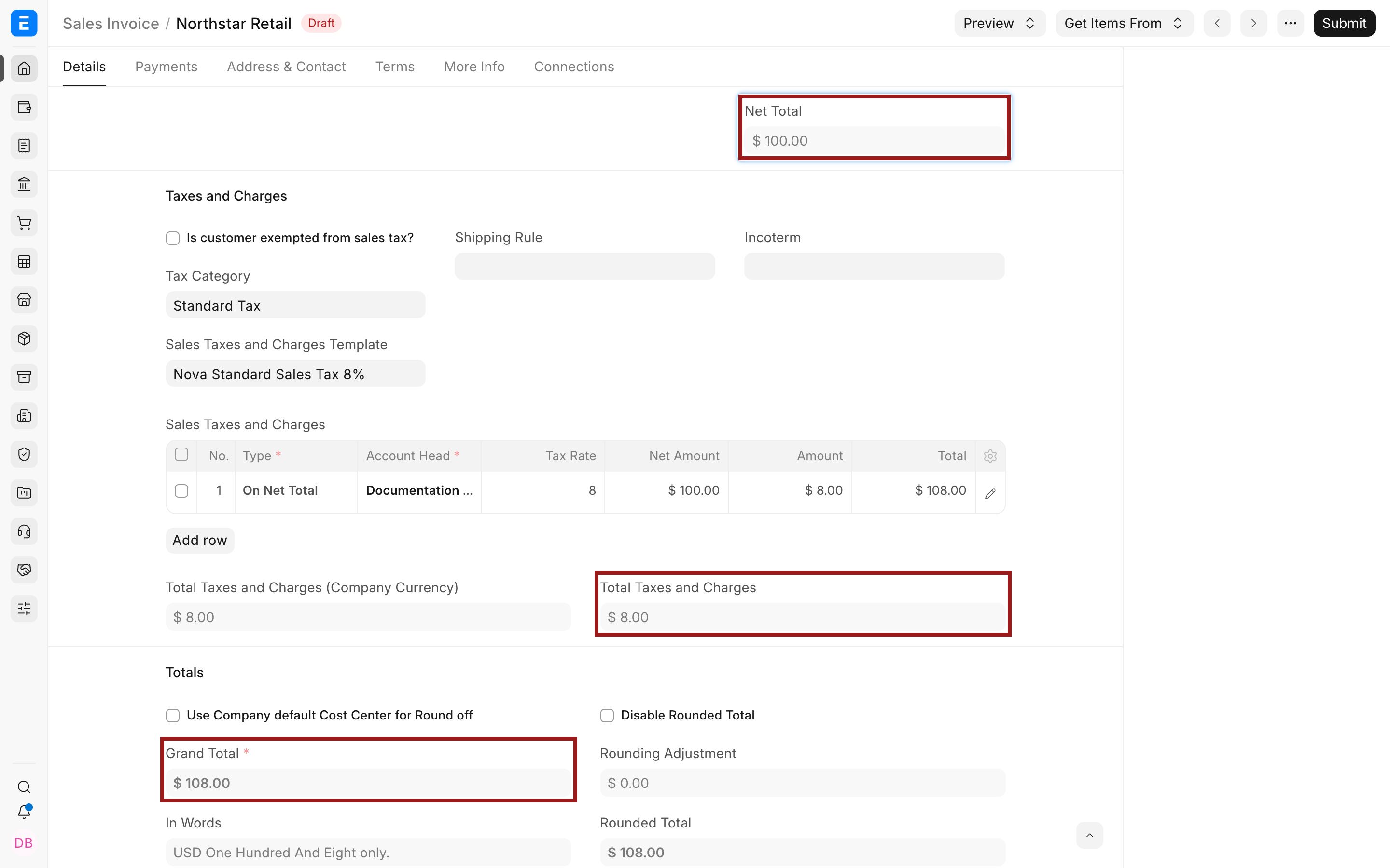ERPNext separates an inclusive $108 rate into $100 net and $8 tax