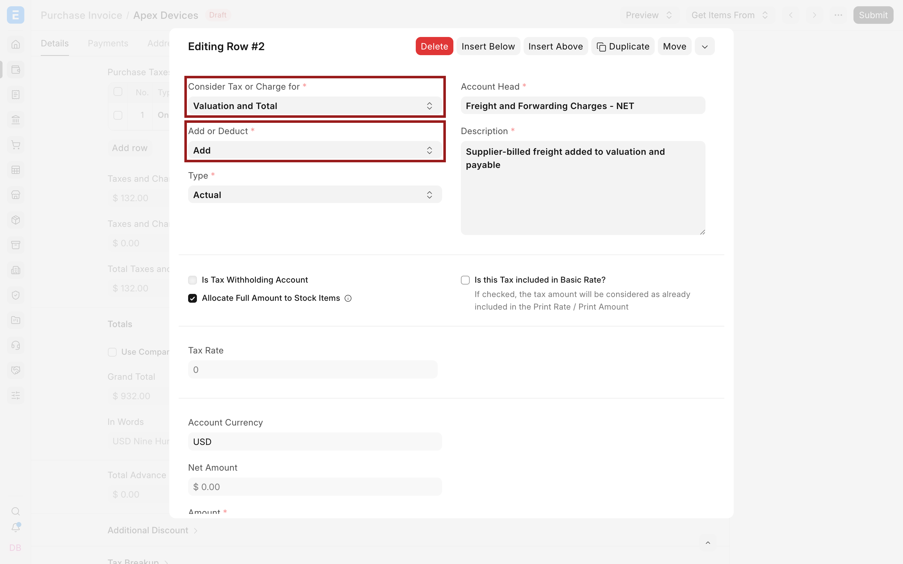 Freight row configured for valuation and total