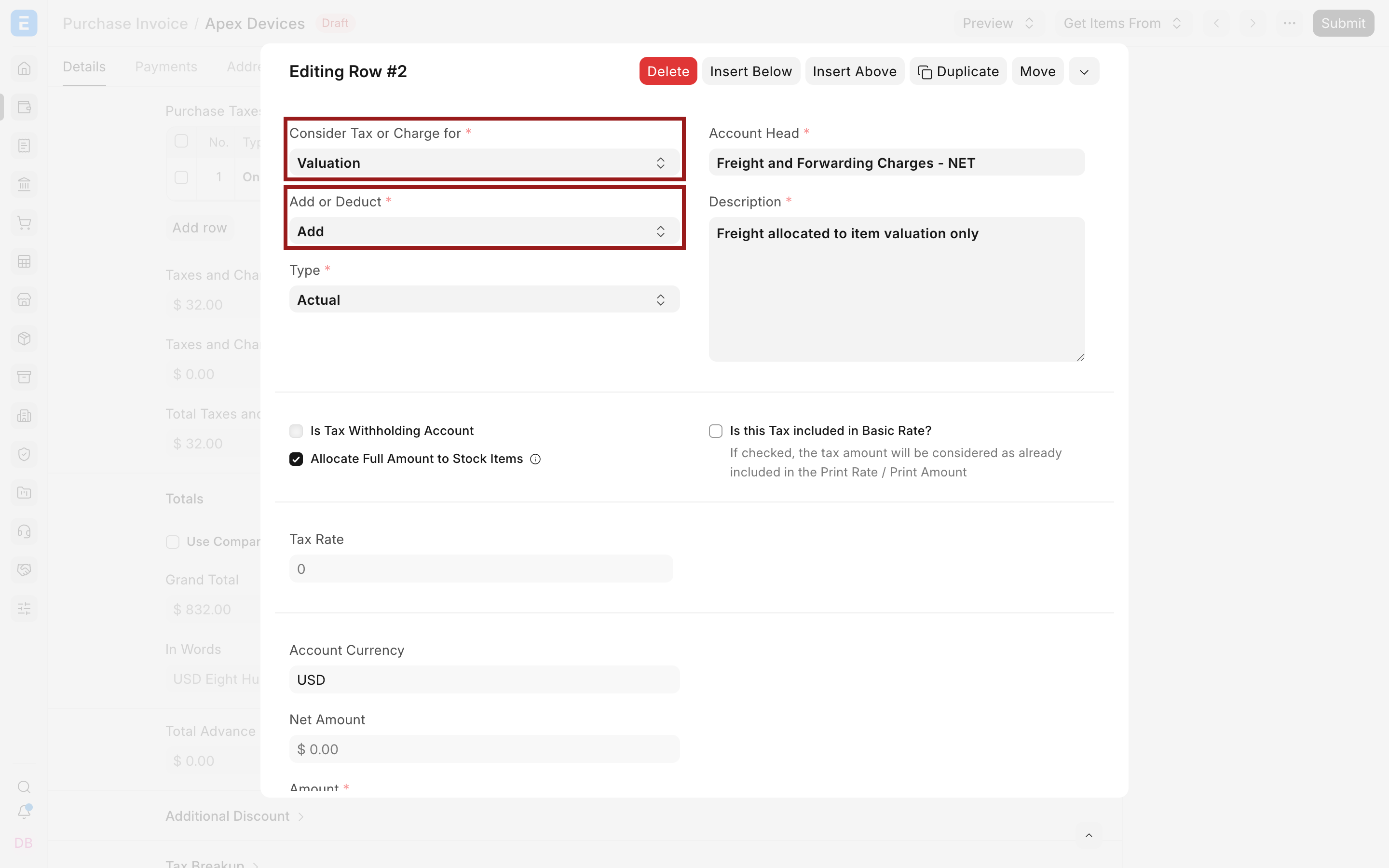 Freight row configured for valuation only