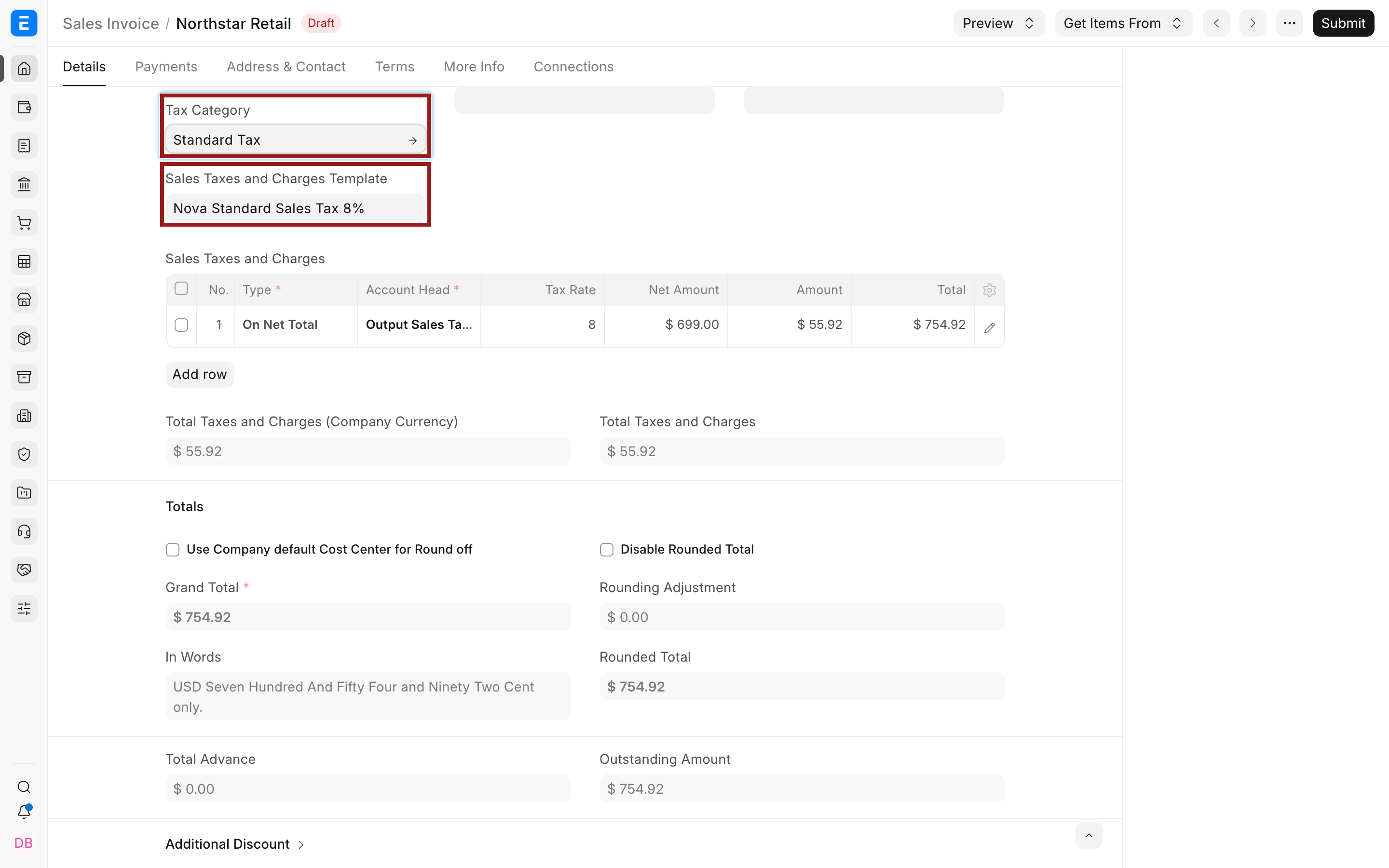 The matching Tax Category and sales template on a Sales Invoice