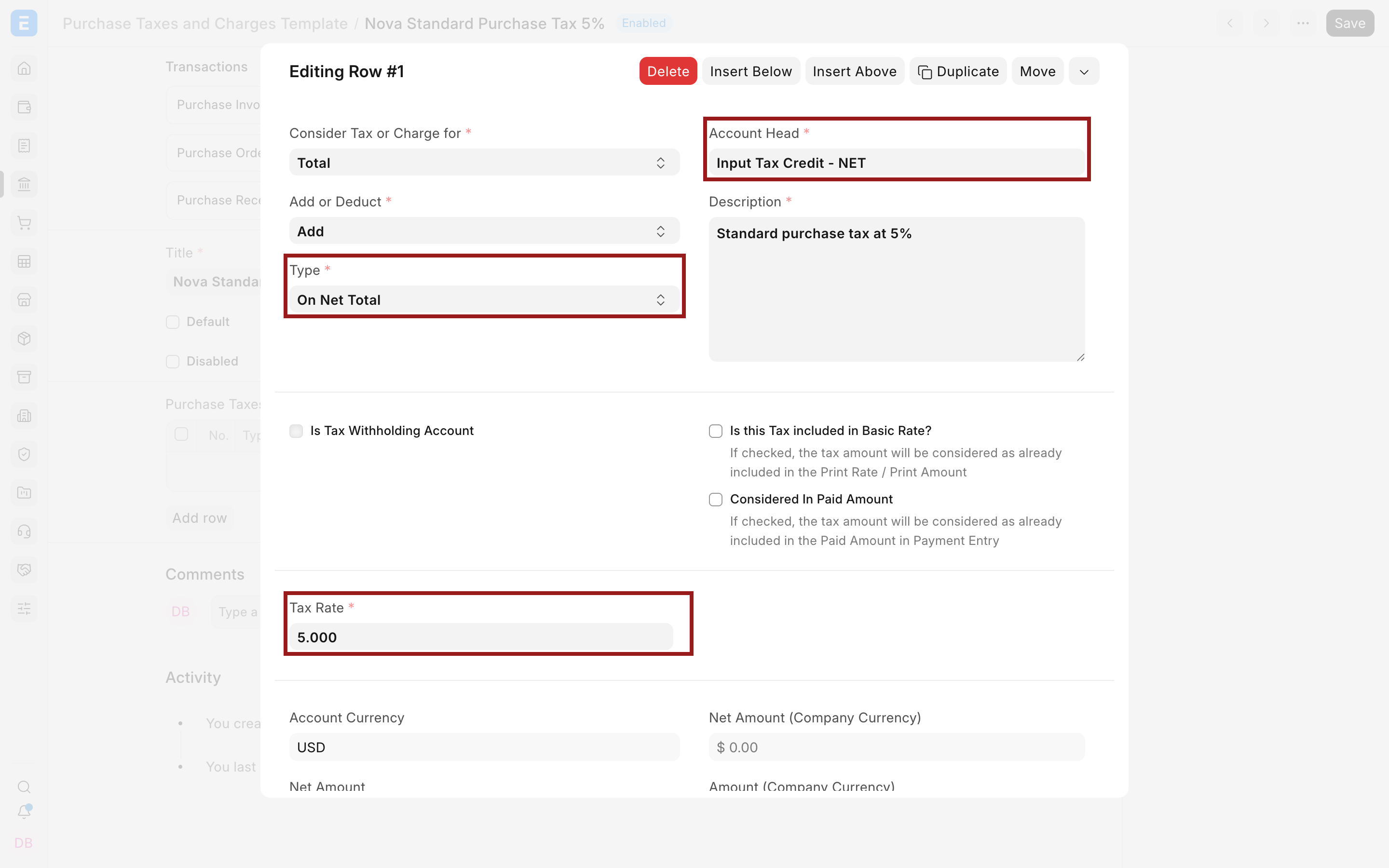 Purchase tax calculation type, account, and rate