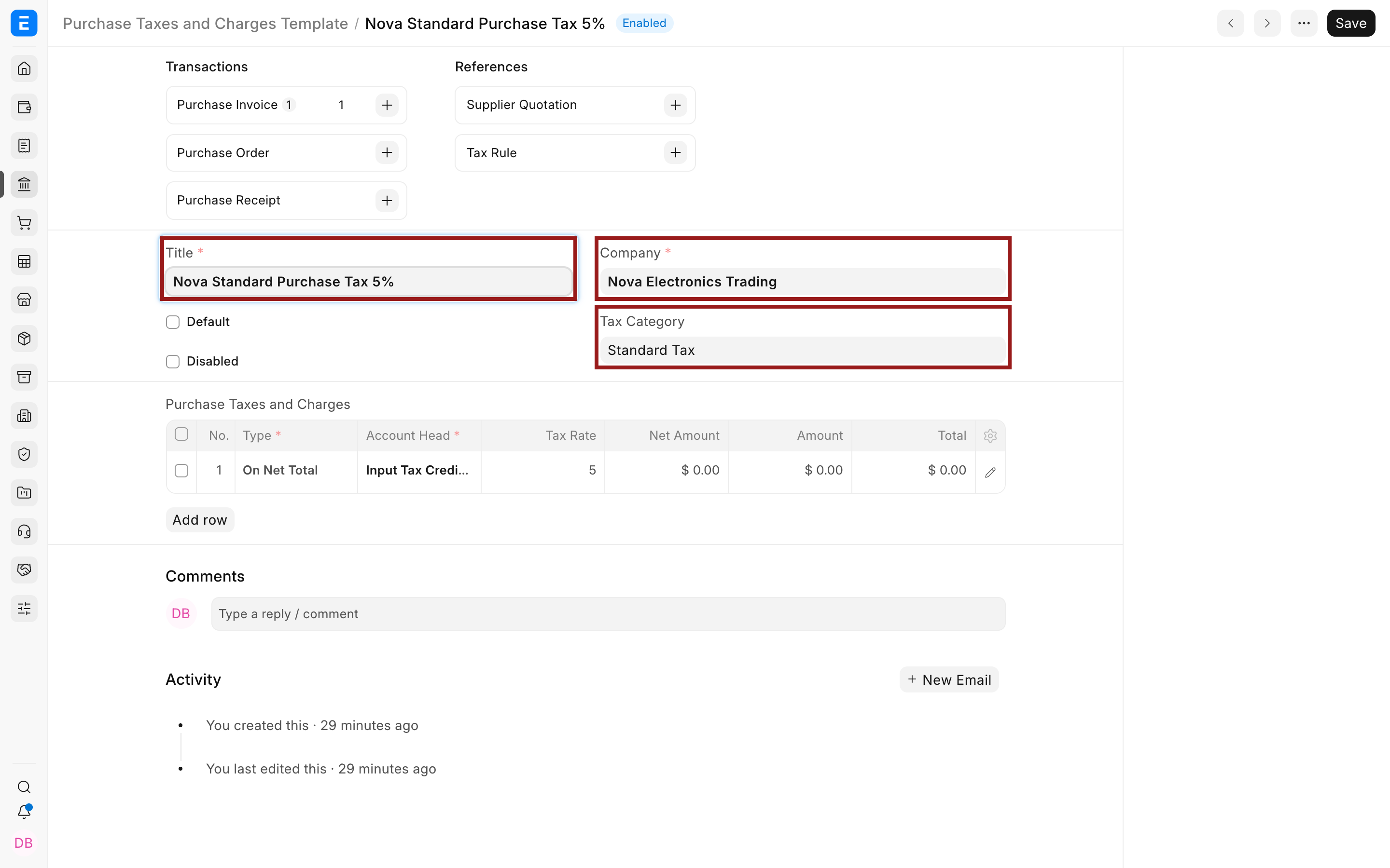 Purchase tax template title, company, and Tax Category