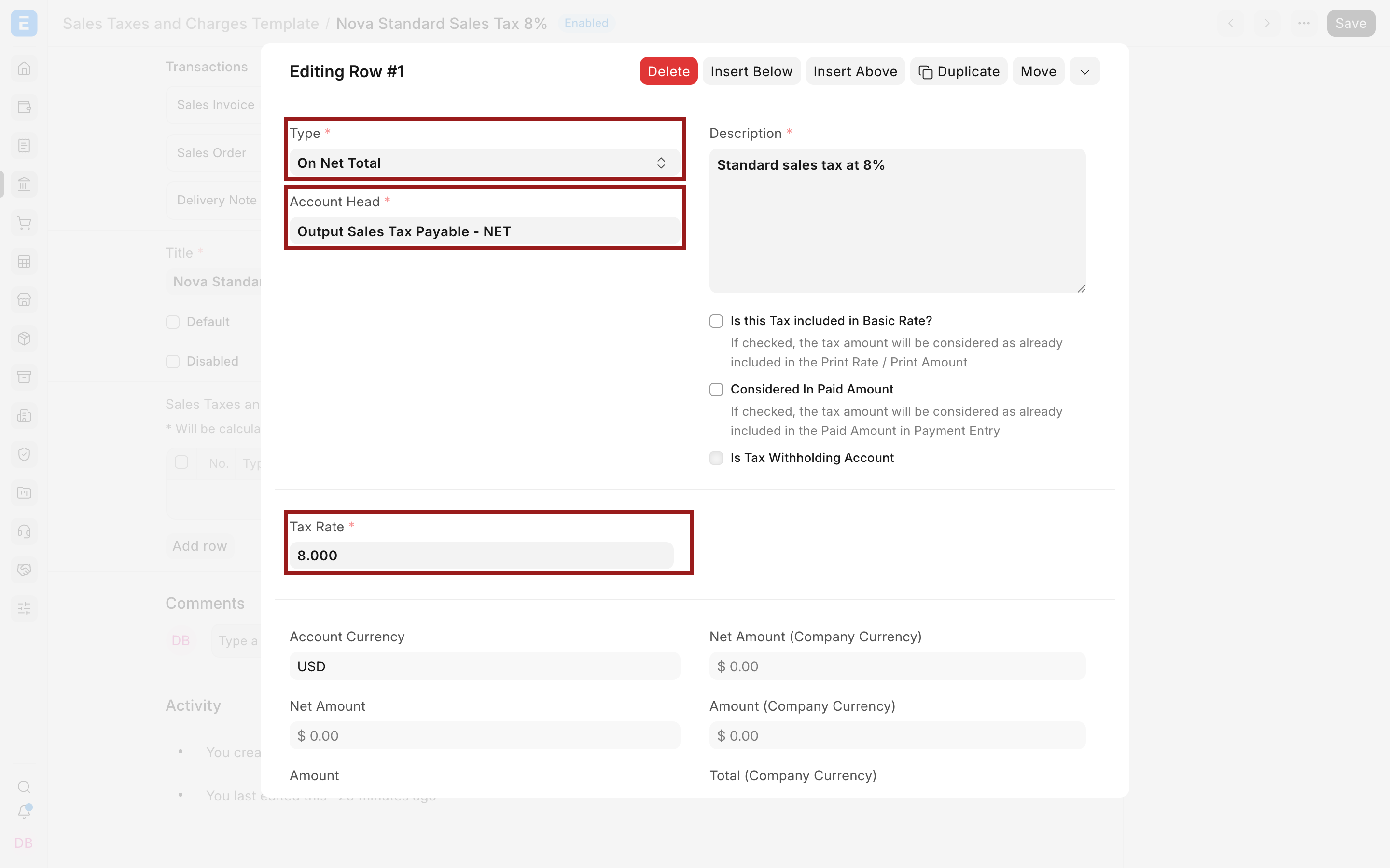Calculation type, account, and rate