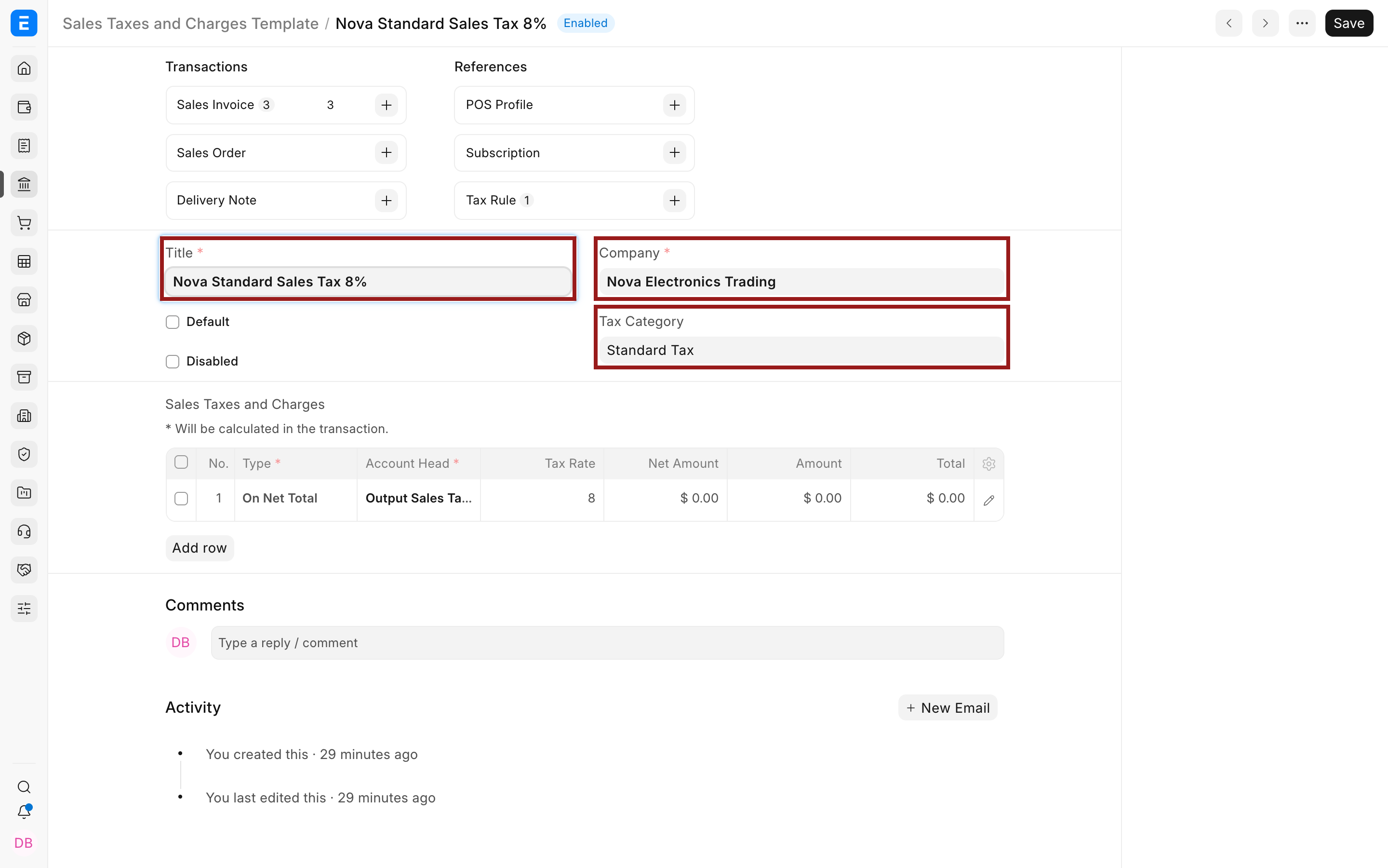 Sales tax template title, company, and Tax Category