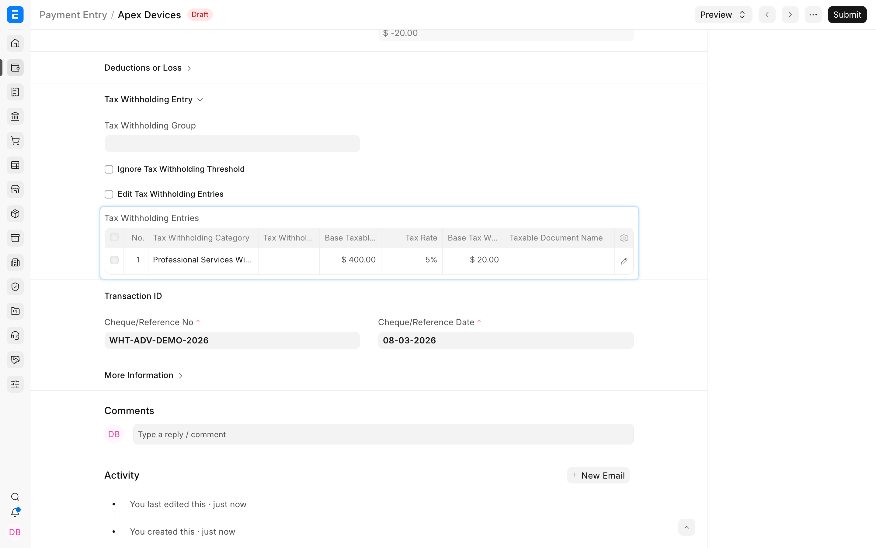 Withholding entry calculated for the supplier advance
