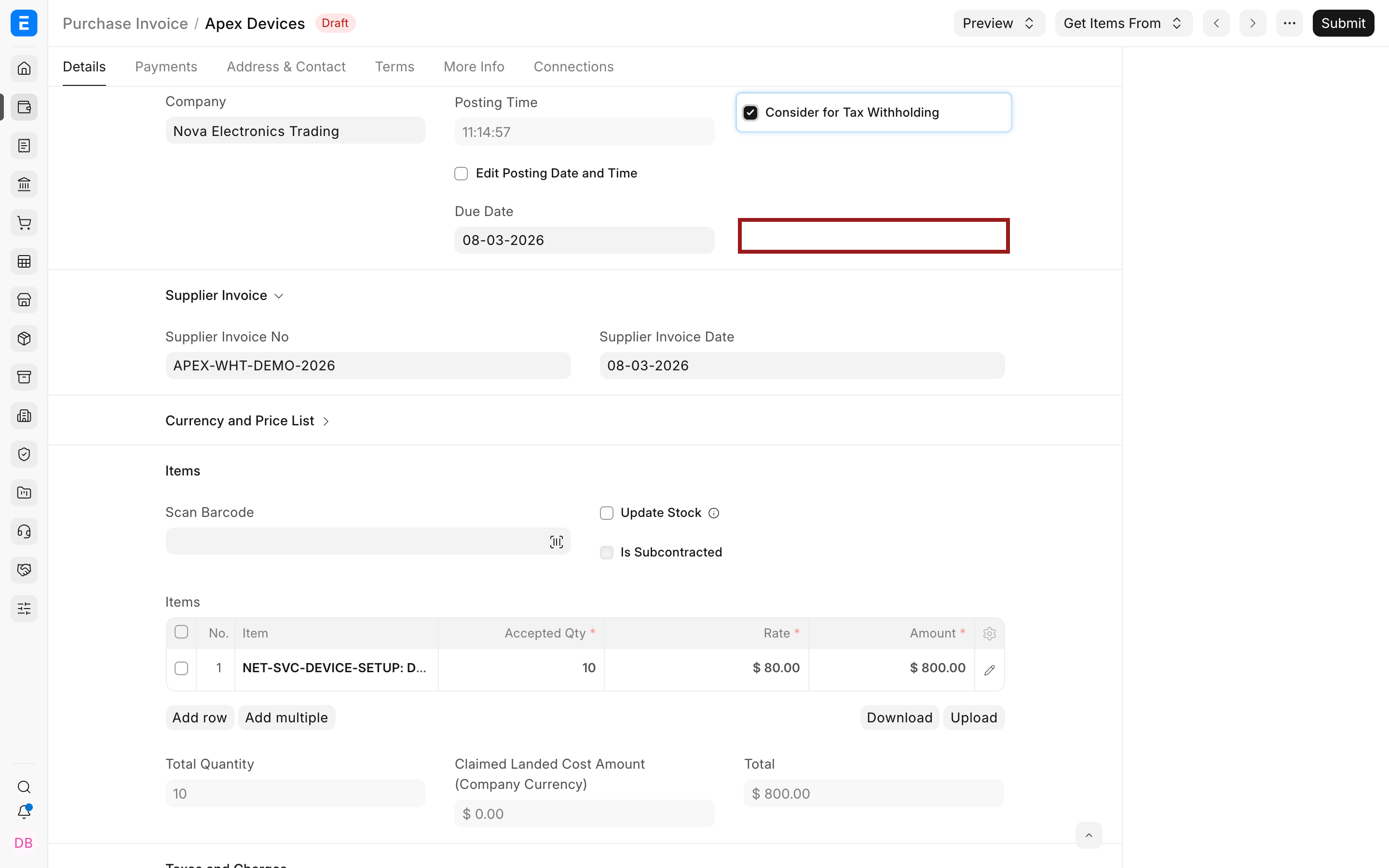 Consider a Purchase Invoice for tax withholding