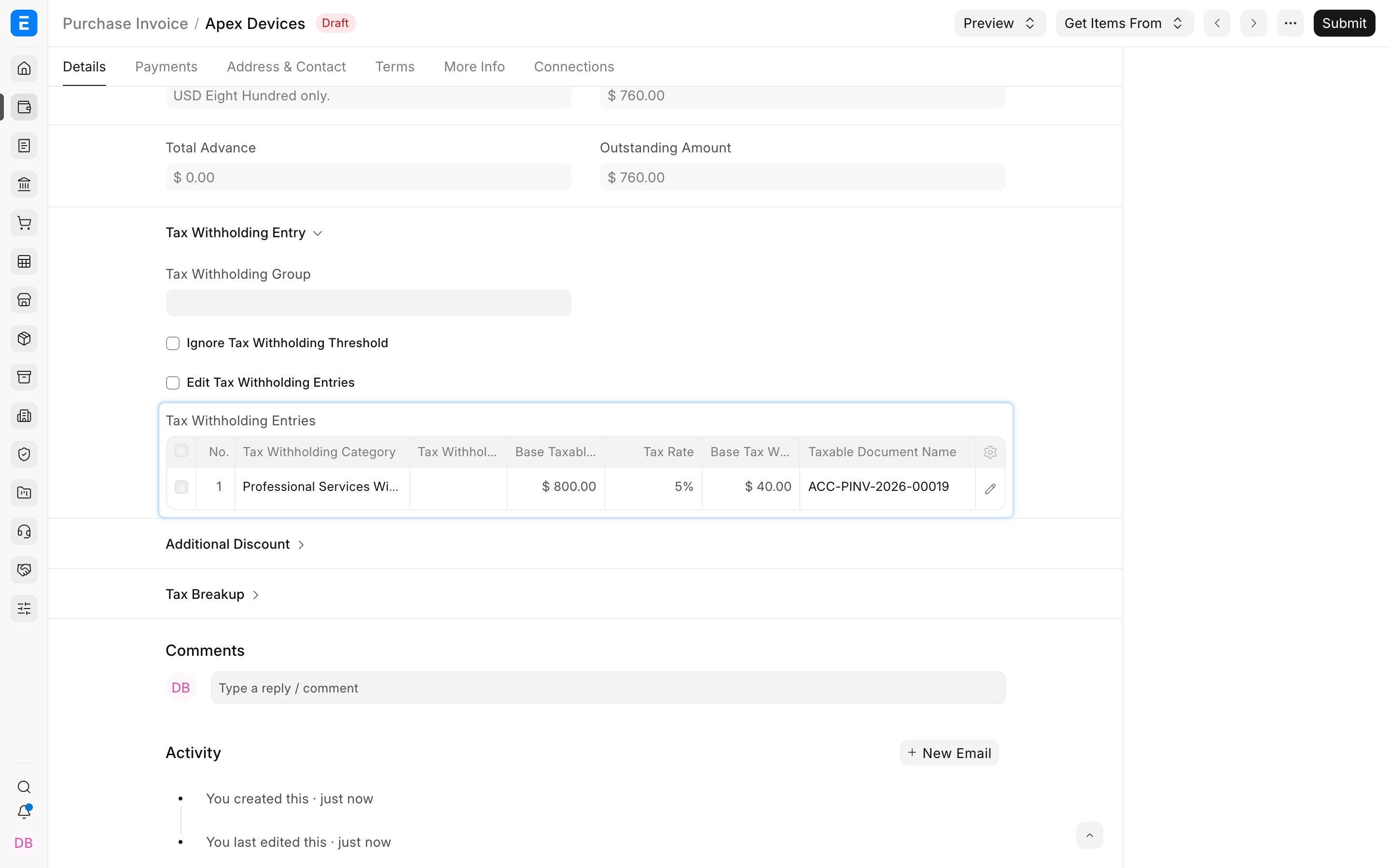 Detailed withholding entry on the Purchase Invoice