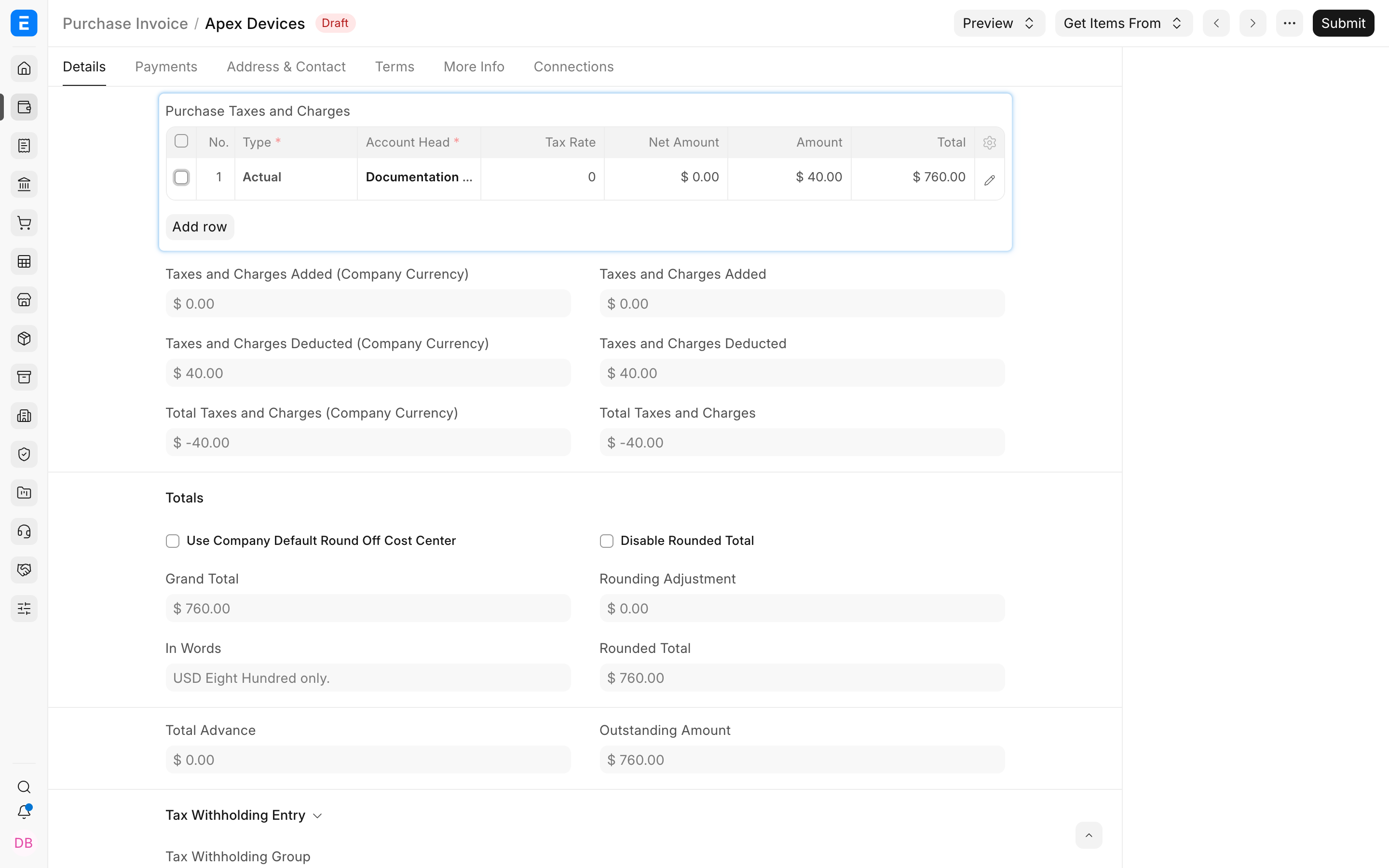 Withholding deducted from the Purchase Invoice total