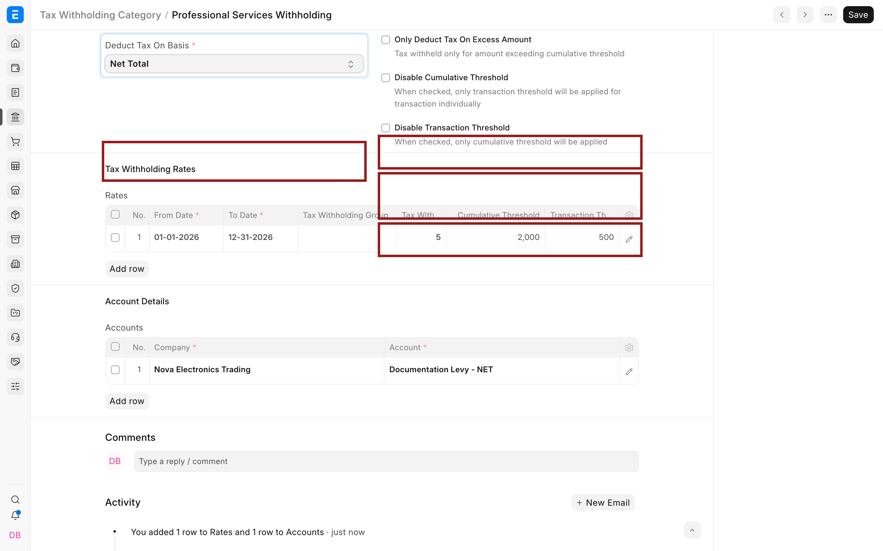 Withholding basis and threshold controls