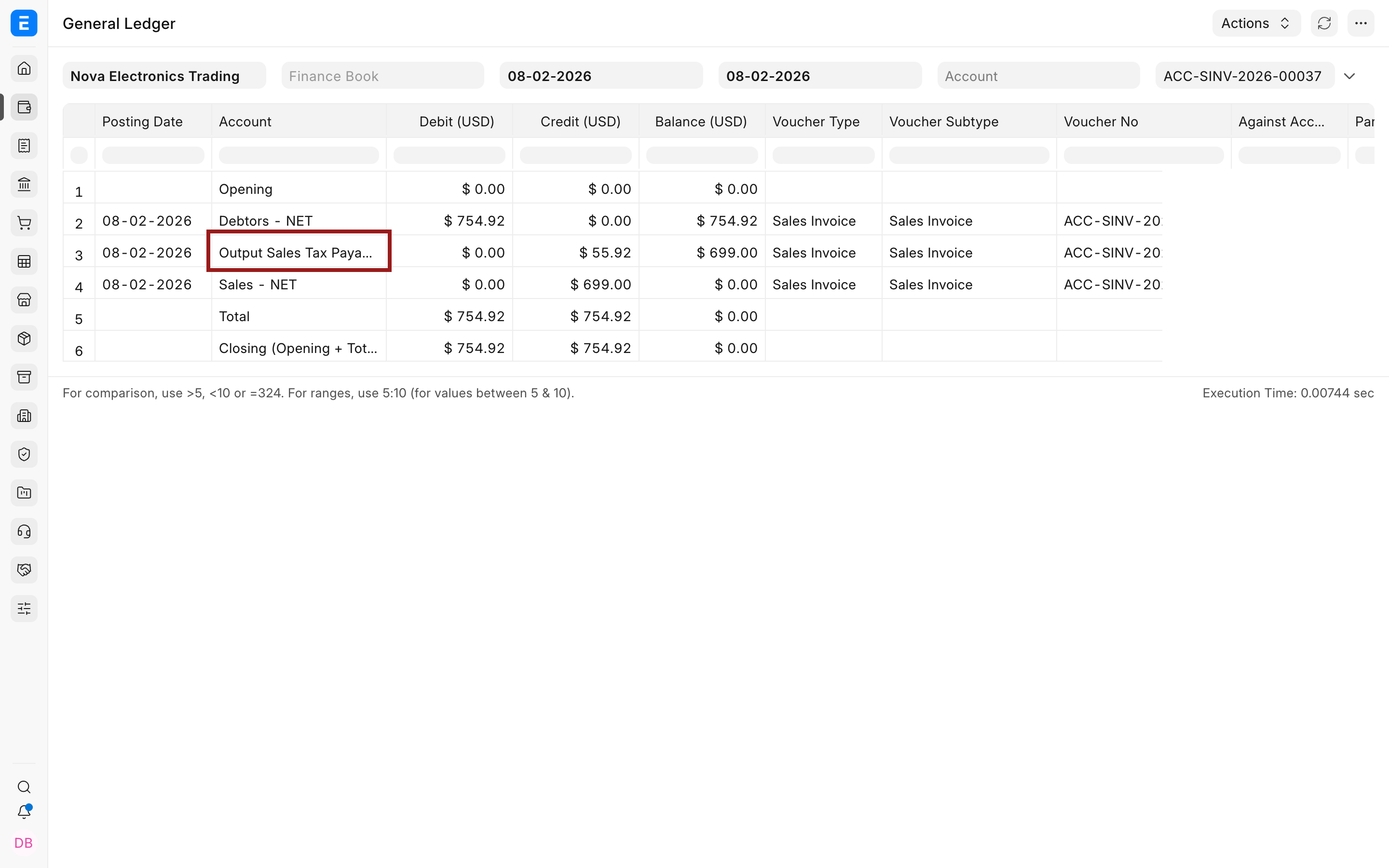General Ledger entries for the taxed Sales Invoice