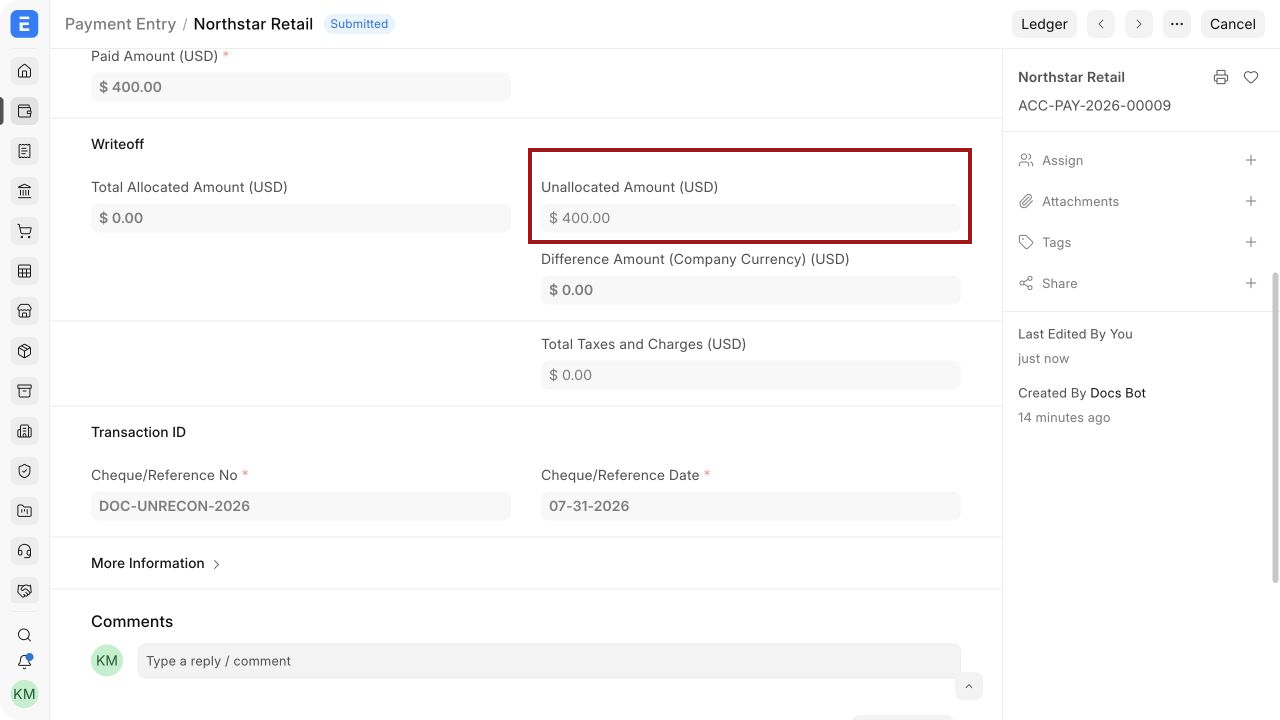 Payment Entry after unreconciliation showing zero allocated and 400 USD unallocated