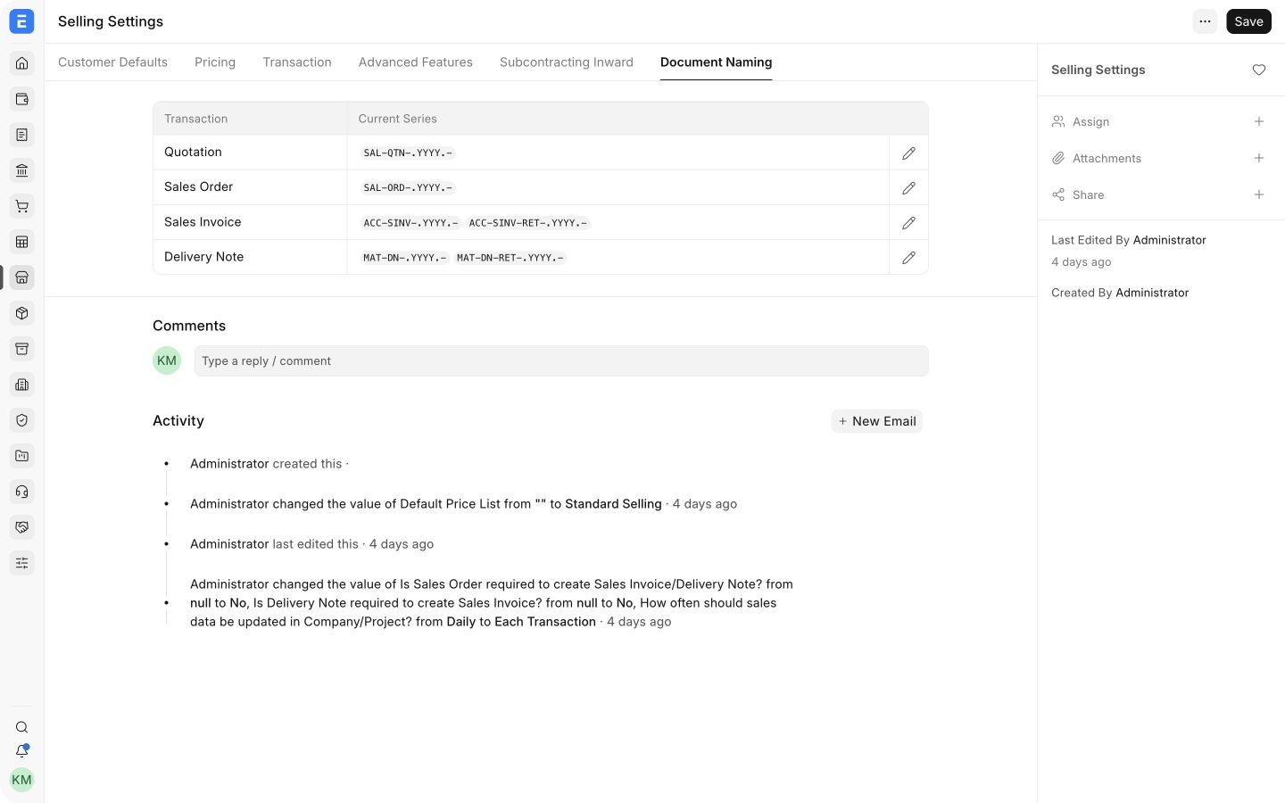 Document Naming tab in ERPNext Selling Settings